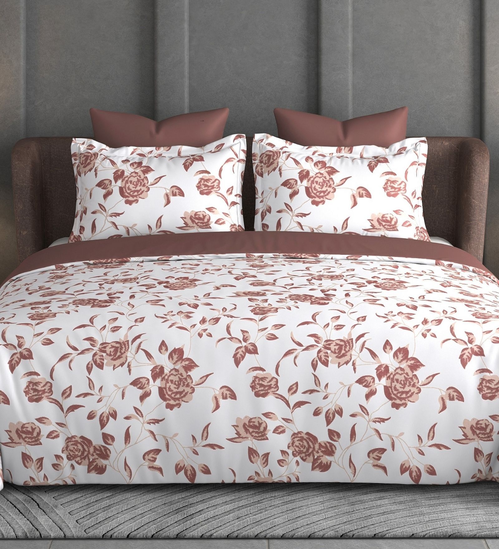 Brown Floral 600TC Cotton Super King Sized Double Bedsheet with 2 Embroidery Pillow Covers