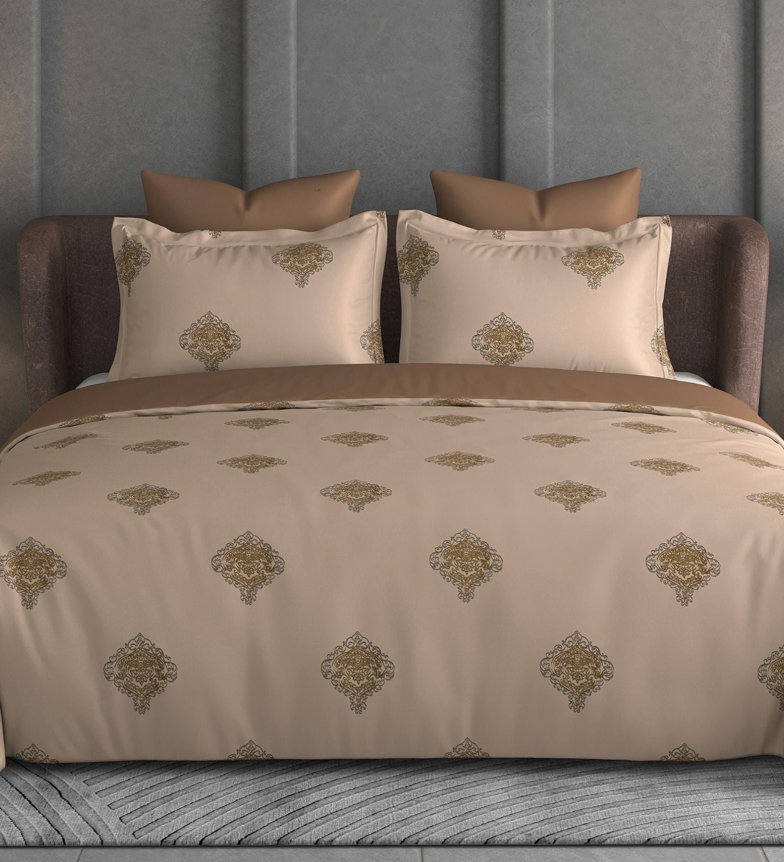 Brown Floral 600TC Cotton Super King Sized Double Bedsheet with 2 Embroidery Pillow Covers