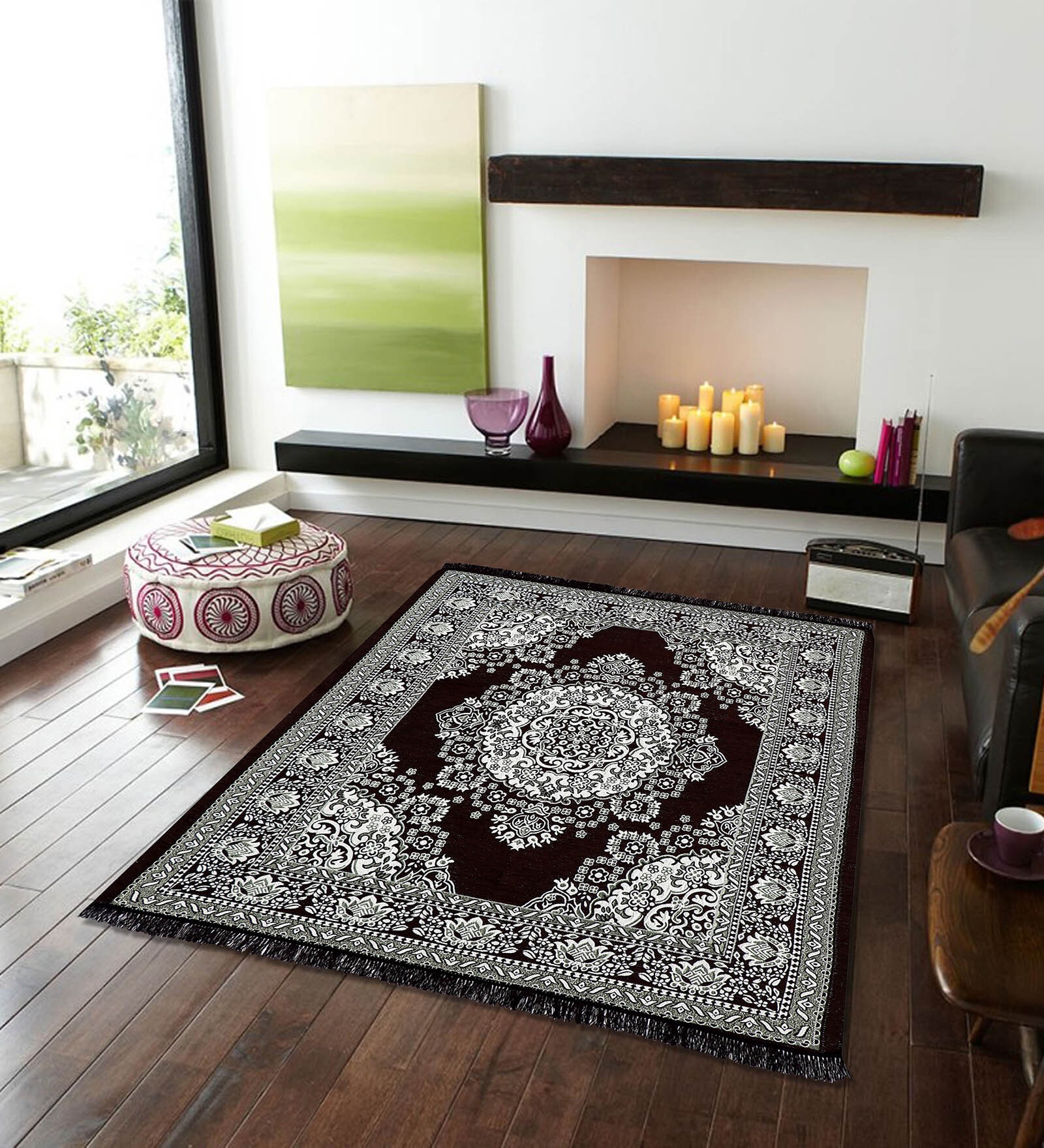 Brown Floral Chenile 5 X 7 Feet Machine Made Carpet