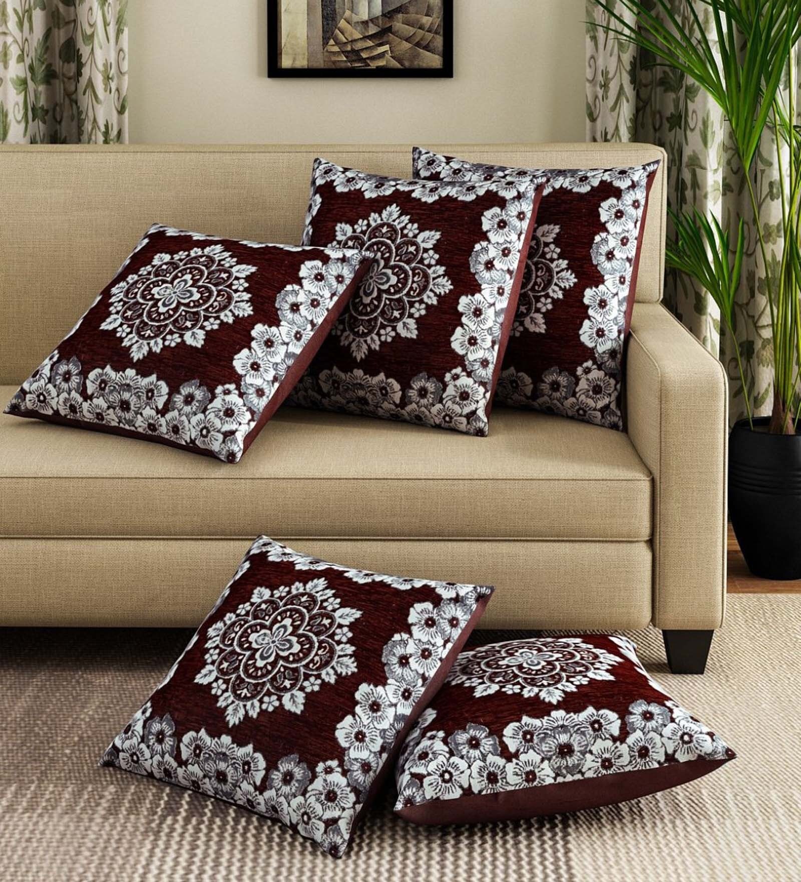 Brown Chenille Floral 16x16 inches Cushion Cover (5Pc)