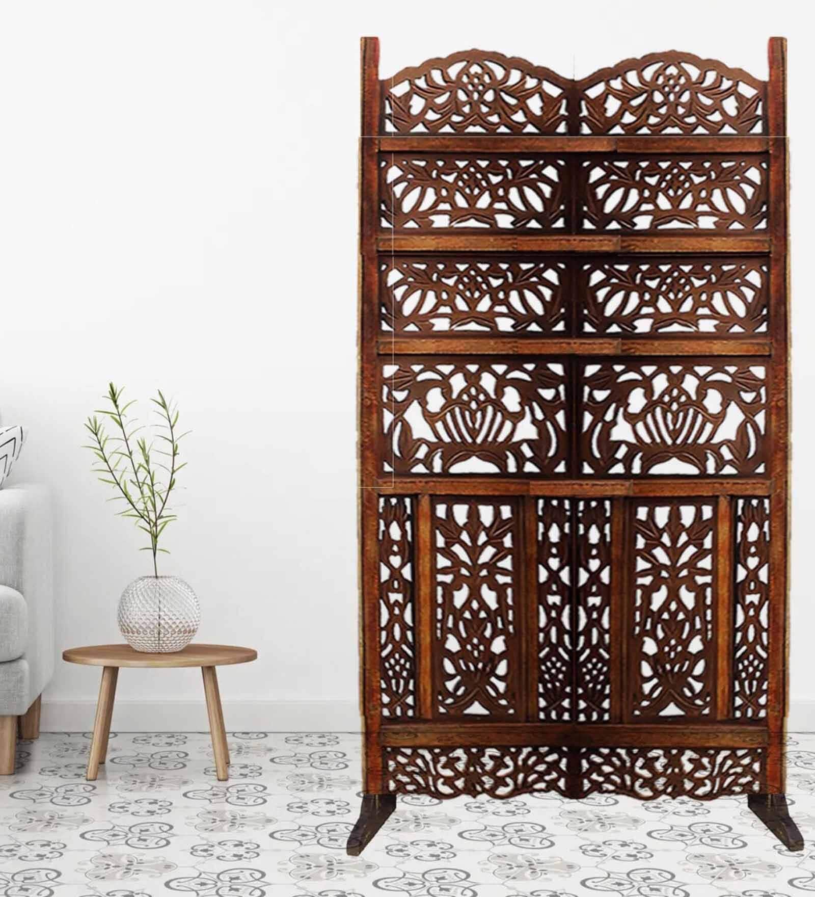 Brown Floral Caged Handcarved Wooden Room Divider Single Panel With Stand