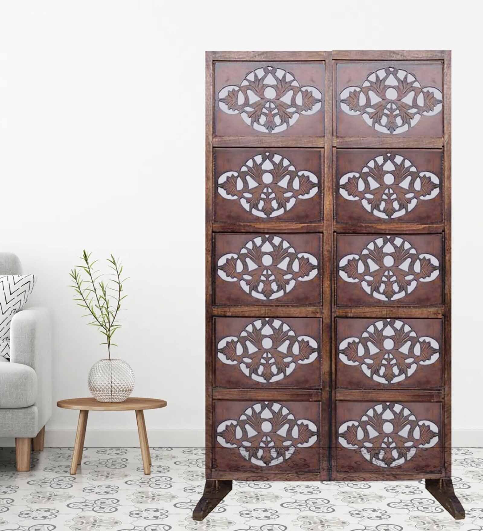Brown Floral Fizz Handcarved Wooden Room Divider Single Panel With Stand