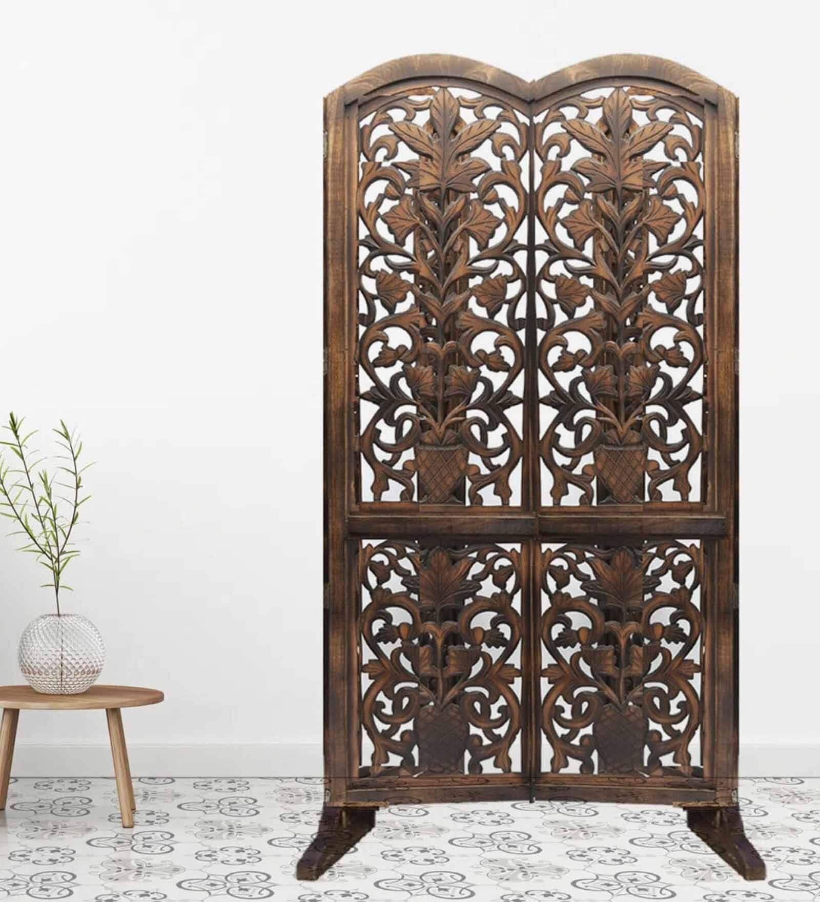 Brown Floral Smokey Handcarved Wooden Room Divider Single Panel With Stand