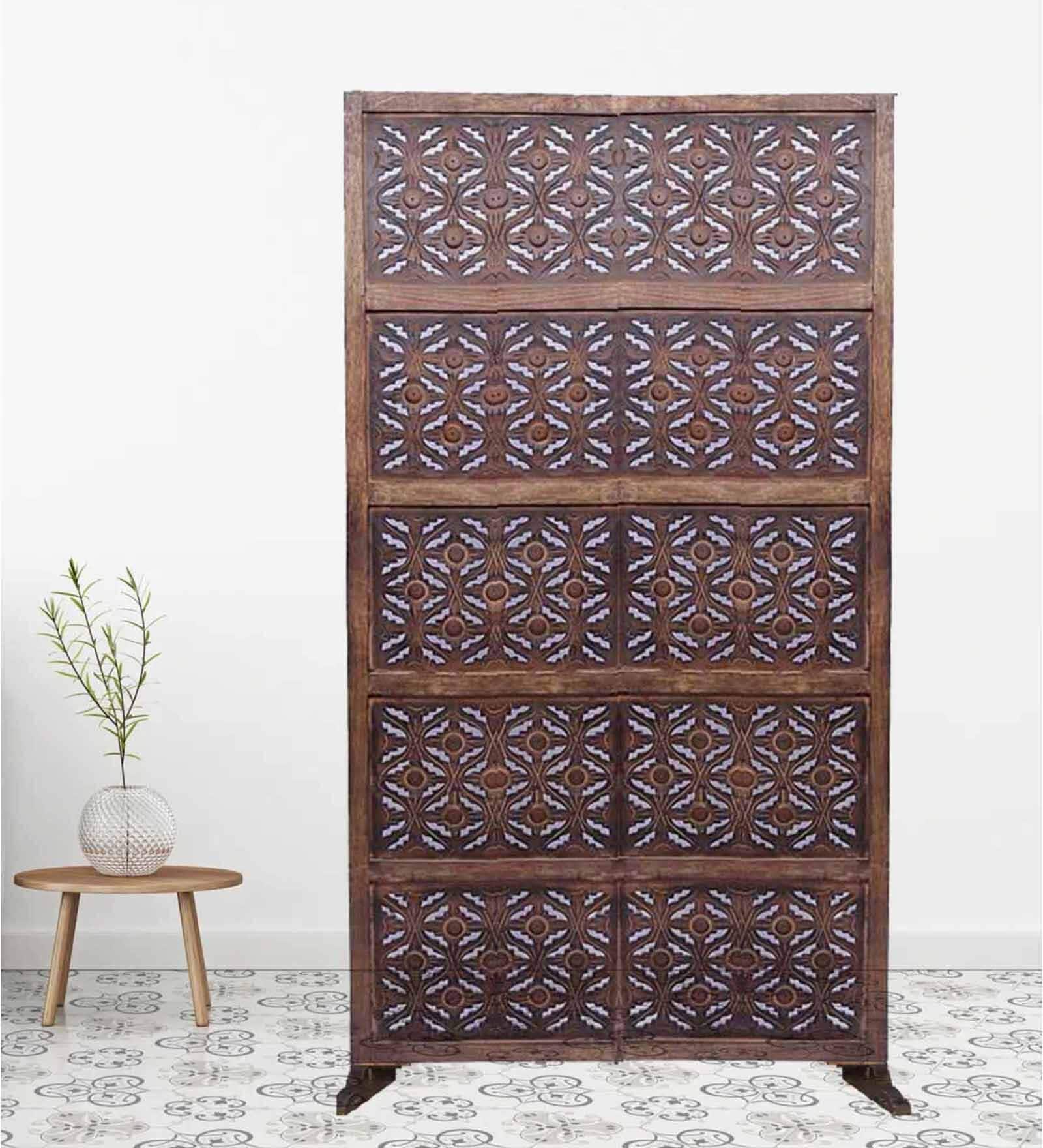 Brown Floral Matteo Handcarved Wooden Room Divider Single Panel With Stand
