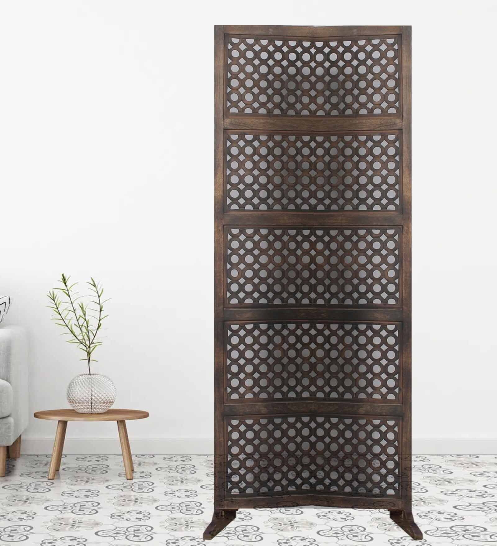 Brown Floral Mise Handcarved Wooden Room Divider Single Panel With Stand