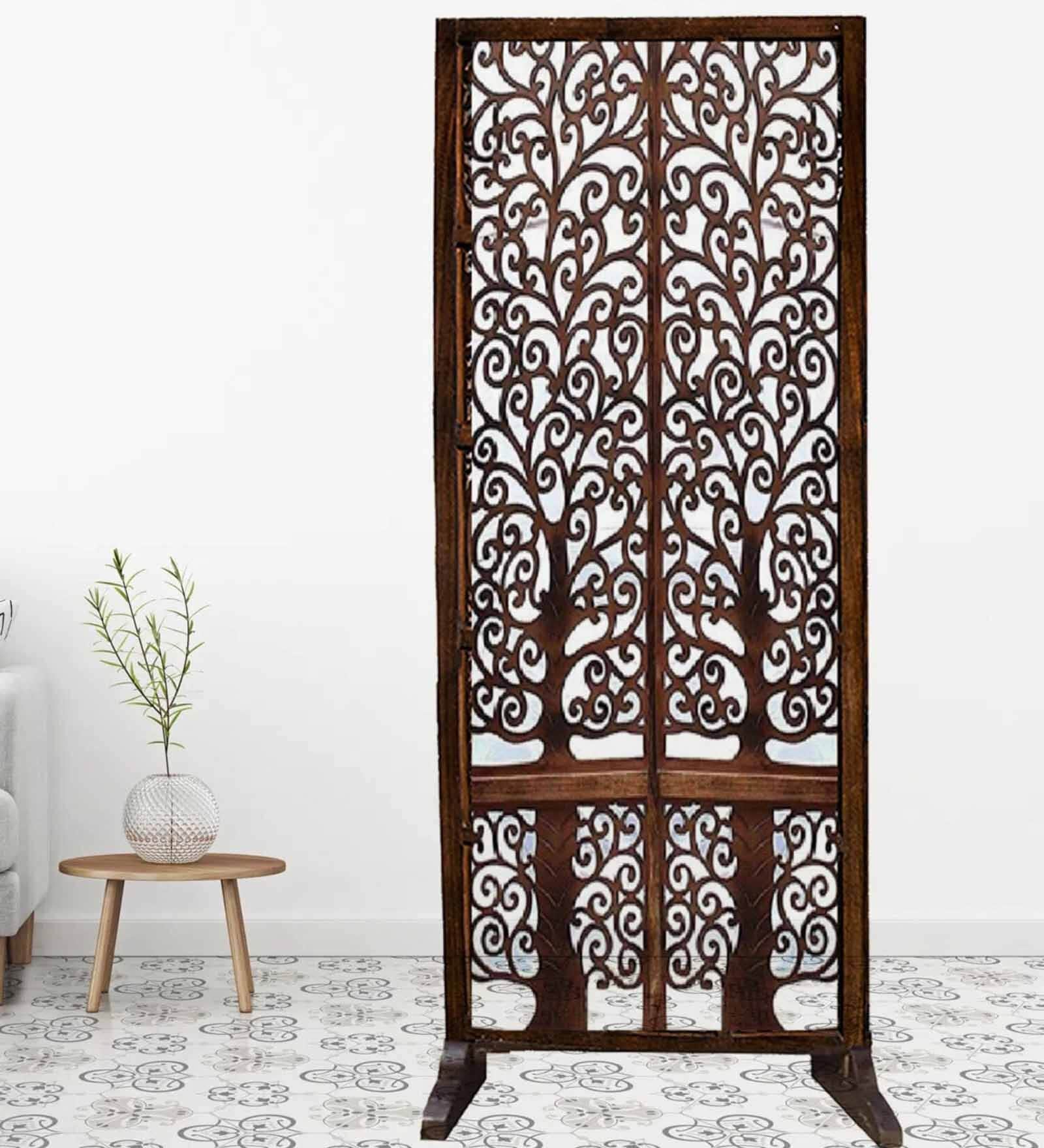 Brown Floral Lassie Handcarved Wooden Room Divider Single Panel With Stand