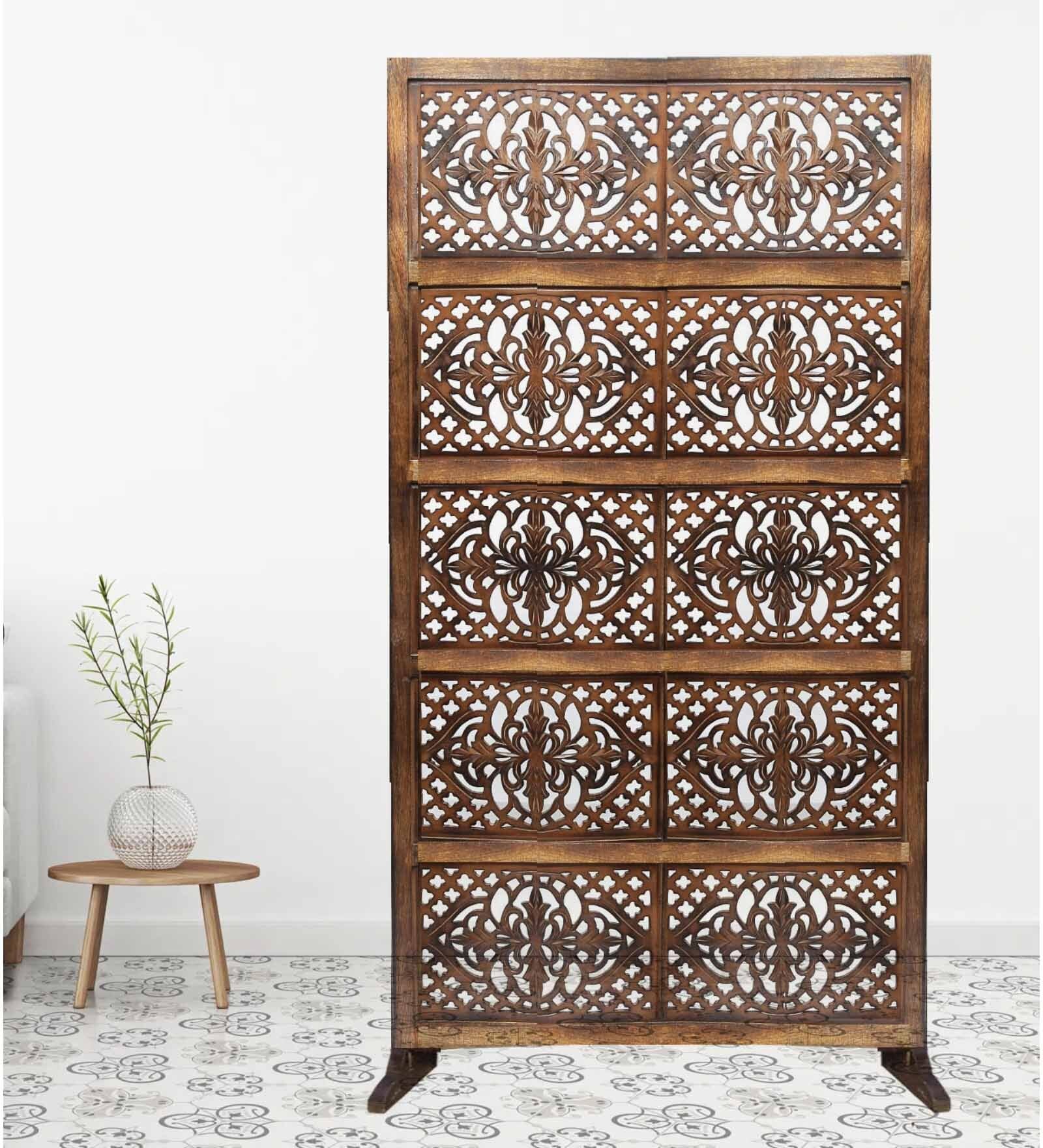 Brown Floral Indulge Handcarved Wooden Room Divider Single Panel With Stand