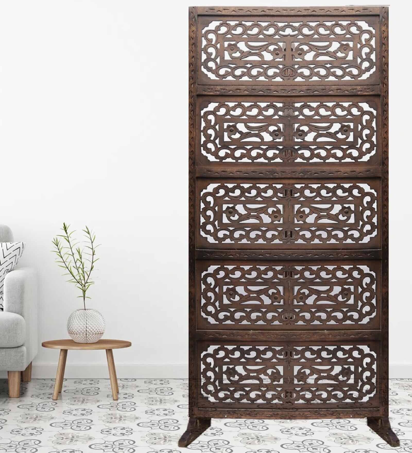 Brown Floral Flinchum Handcarved Wooden Room Divider Single Panel With Stand