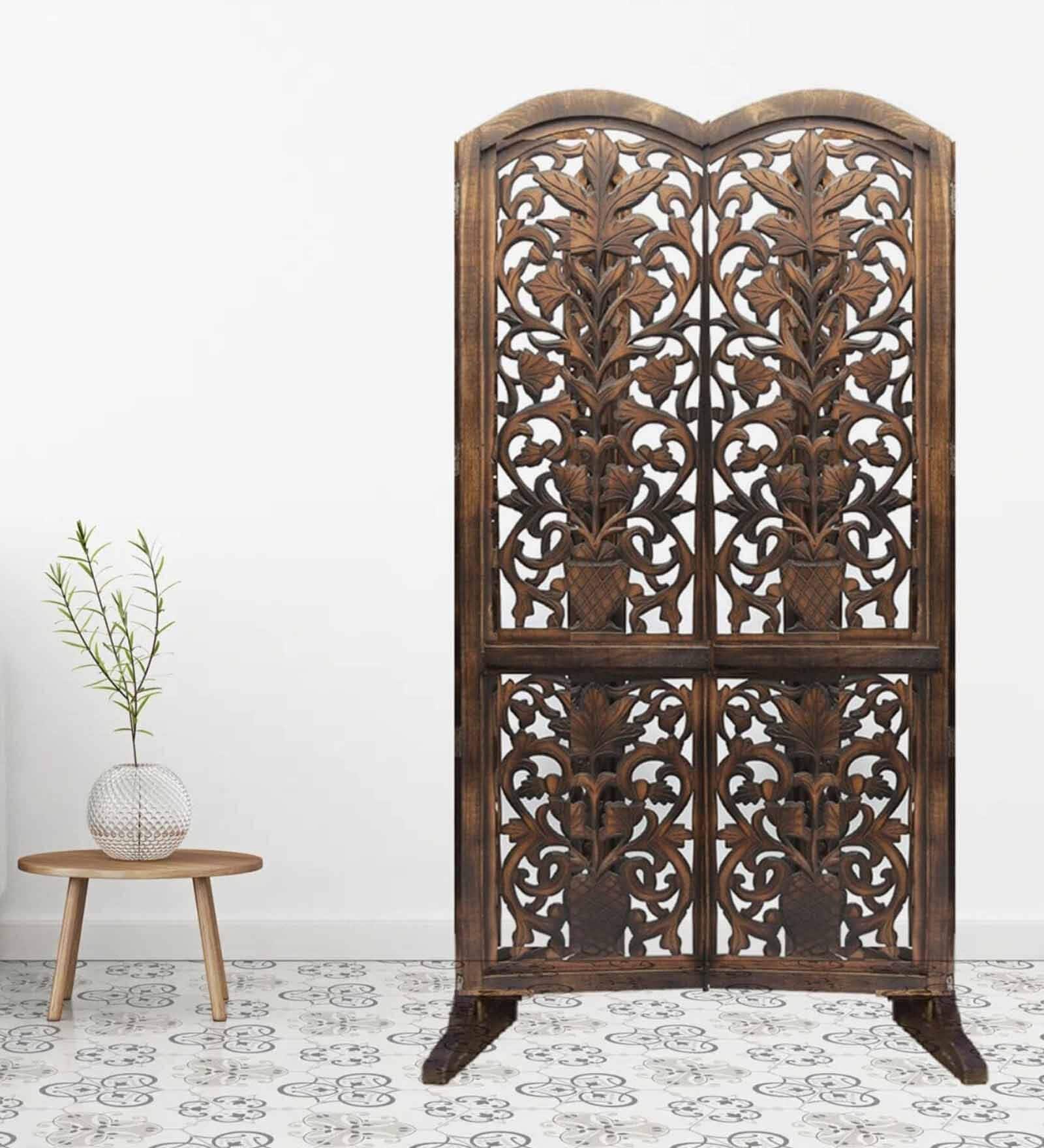 Brown Floral Hadley Handcarved Wooden Room Divider Single Panel With Stand