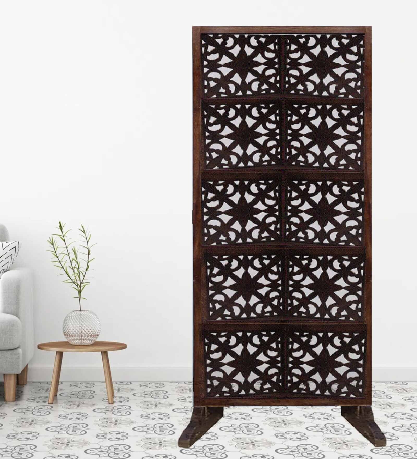 Brown Floral Galaxy Handcarved Wooden Room Divider Single Panel With Stand