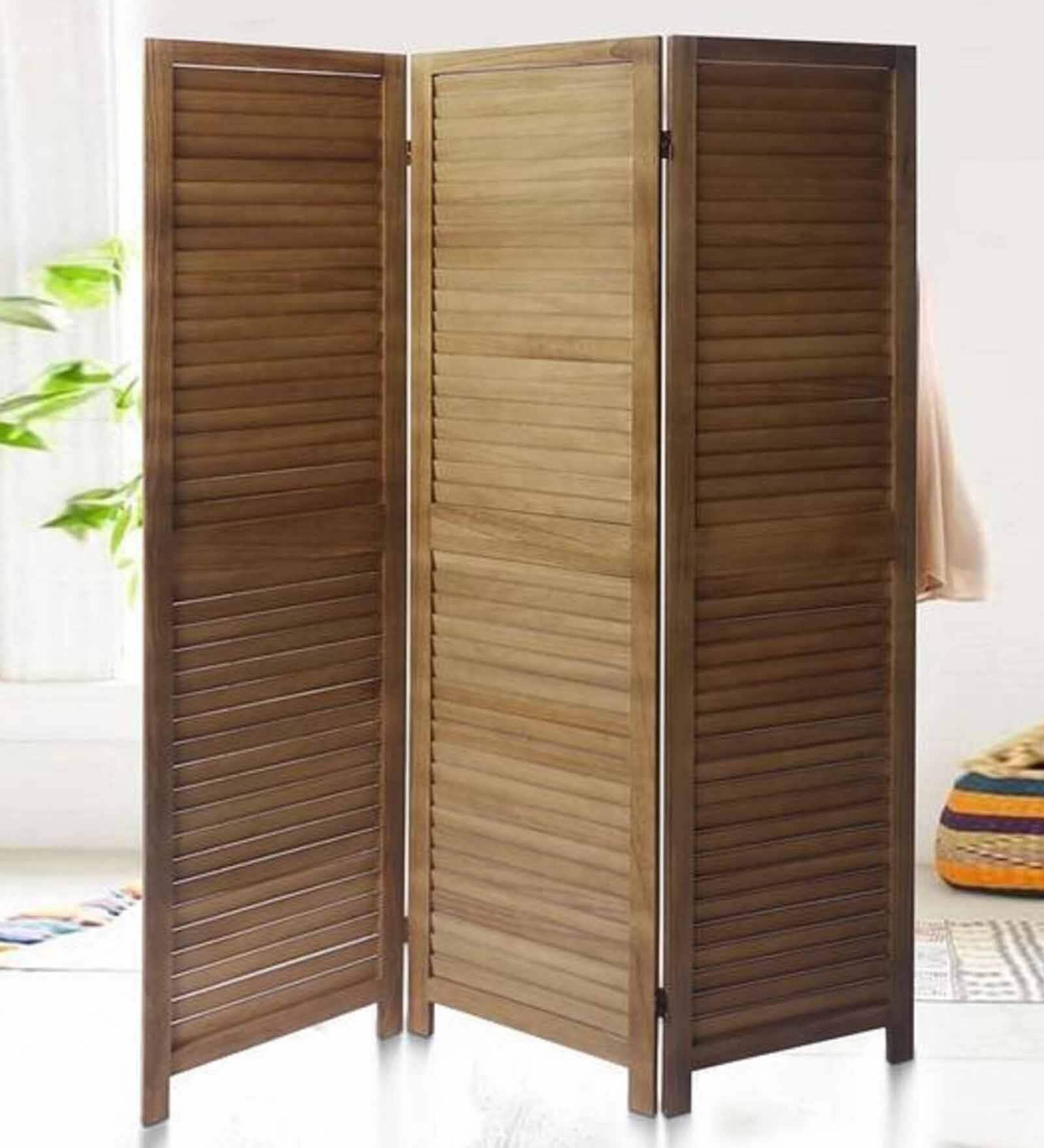Brown Floral Handcarved Wooden Room Divider Three Panels In Plain Stripes Pattern