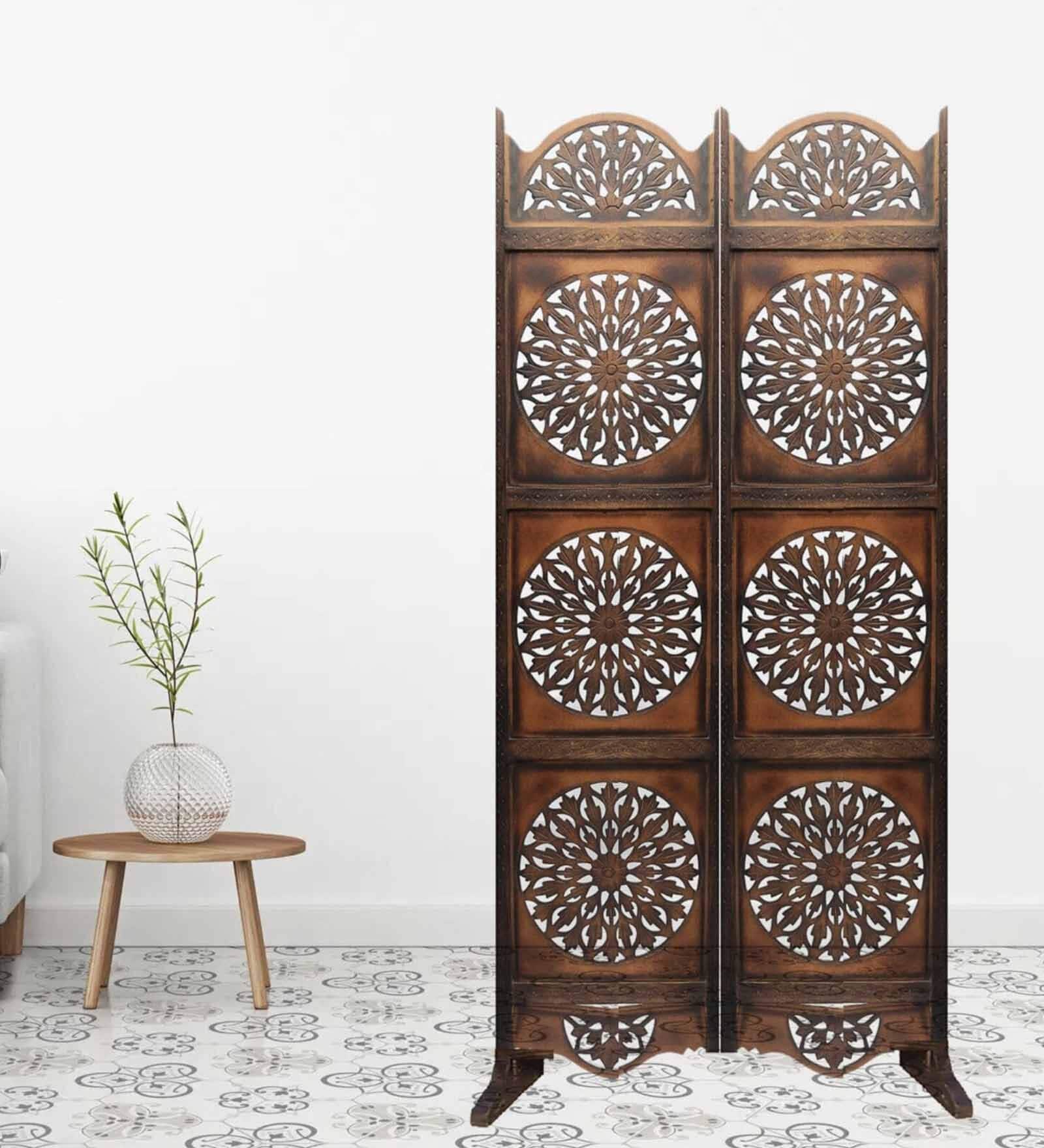 Brown Floral Handcarved Wooden Room Divider Two Panels With Stand