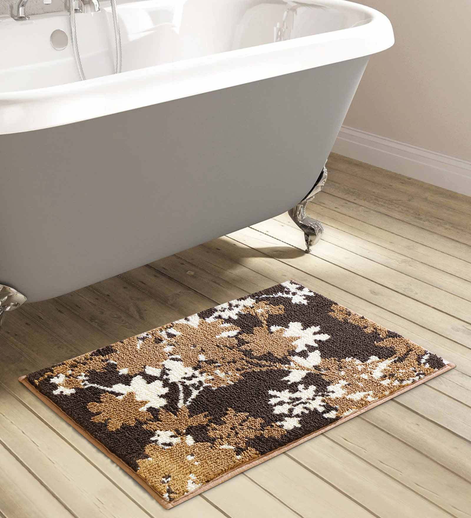 Brown Floral Polyester AntiSkid Bathmat