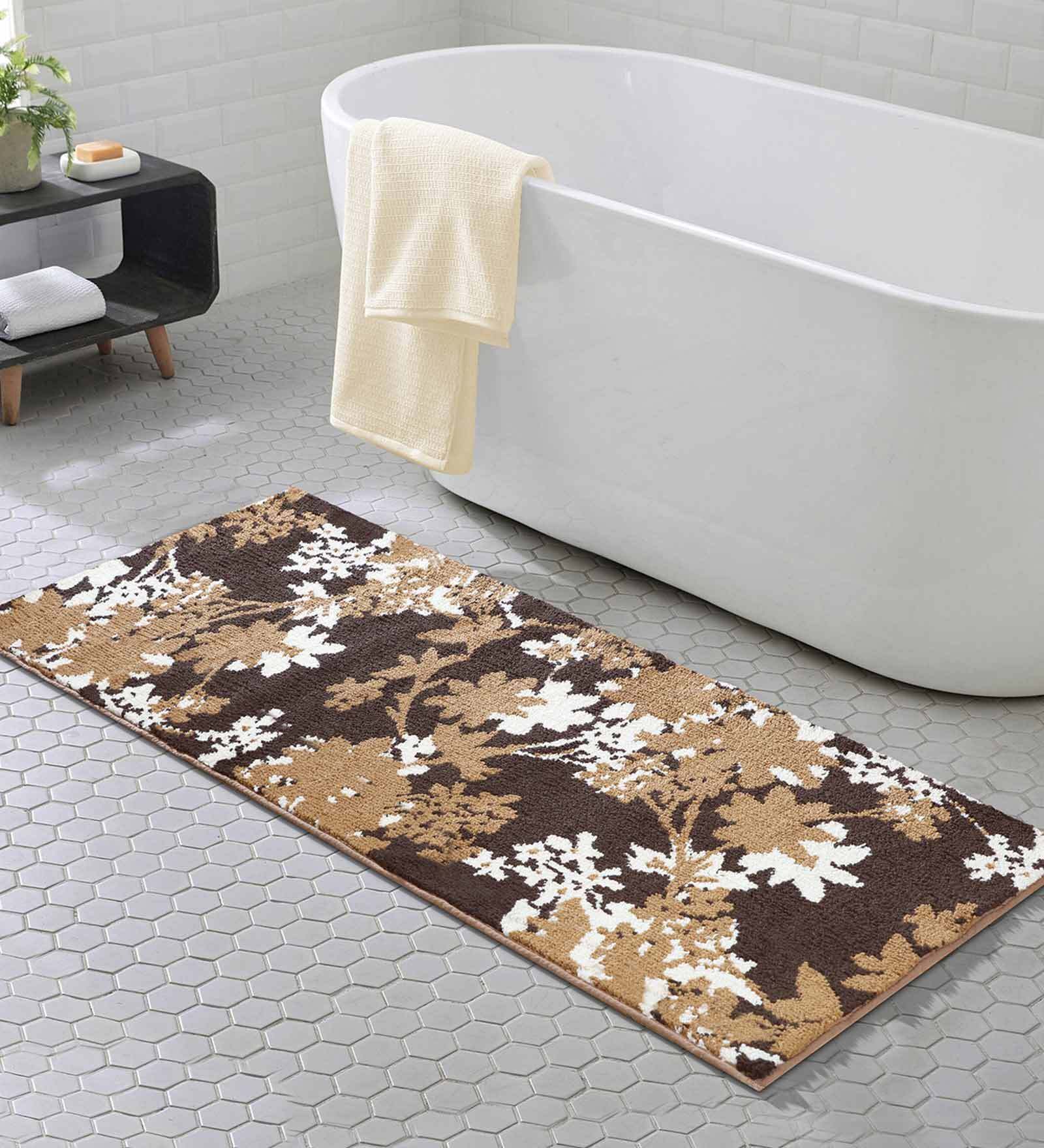 Brown Floral Polyester AntiSkid Bathmat