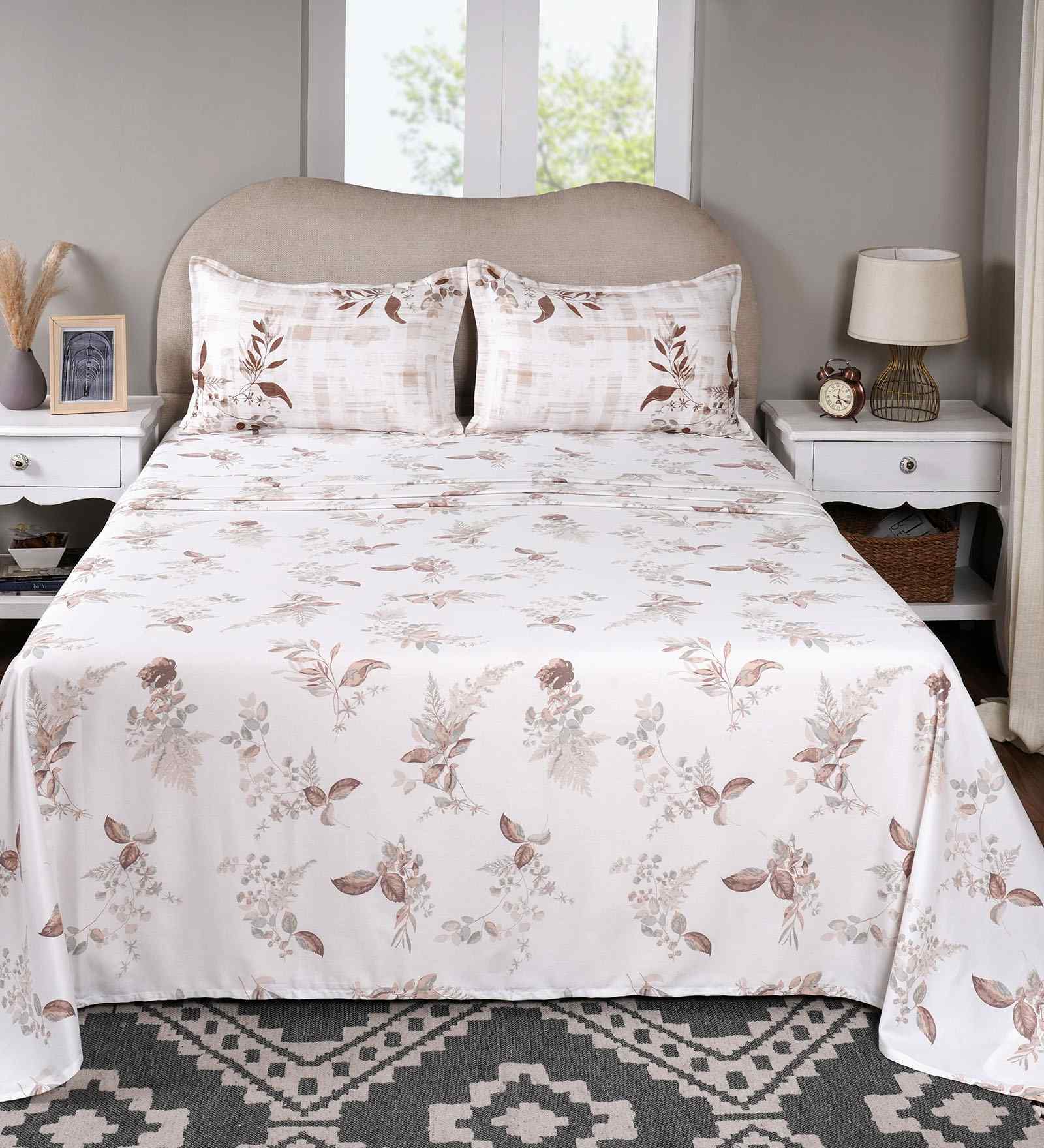 Brown Floral Print 300 TC Cotton Double Bed Sheet with 2 Pillow Covers Sensory Bloom Collection