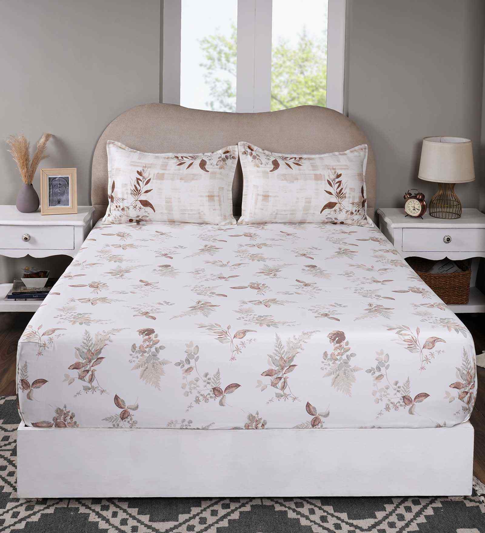 Brown Floral Print 300 TC Cotton Single Bed Fitted Sheet with 1 Pillow Cover Sensory Bloom Collection