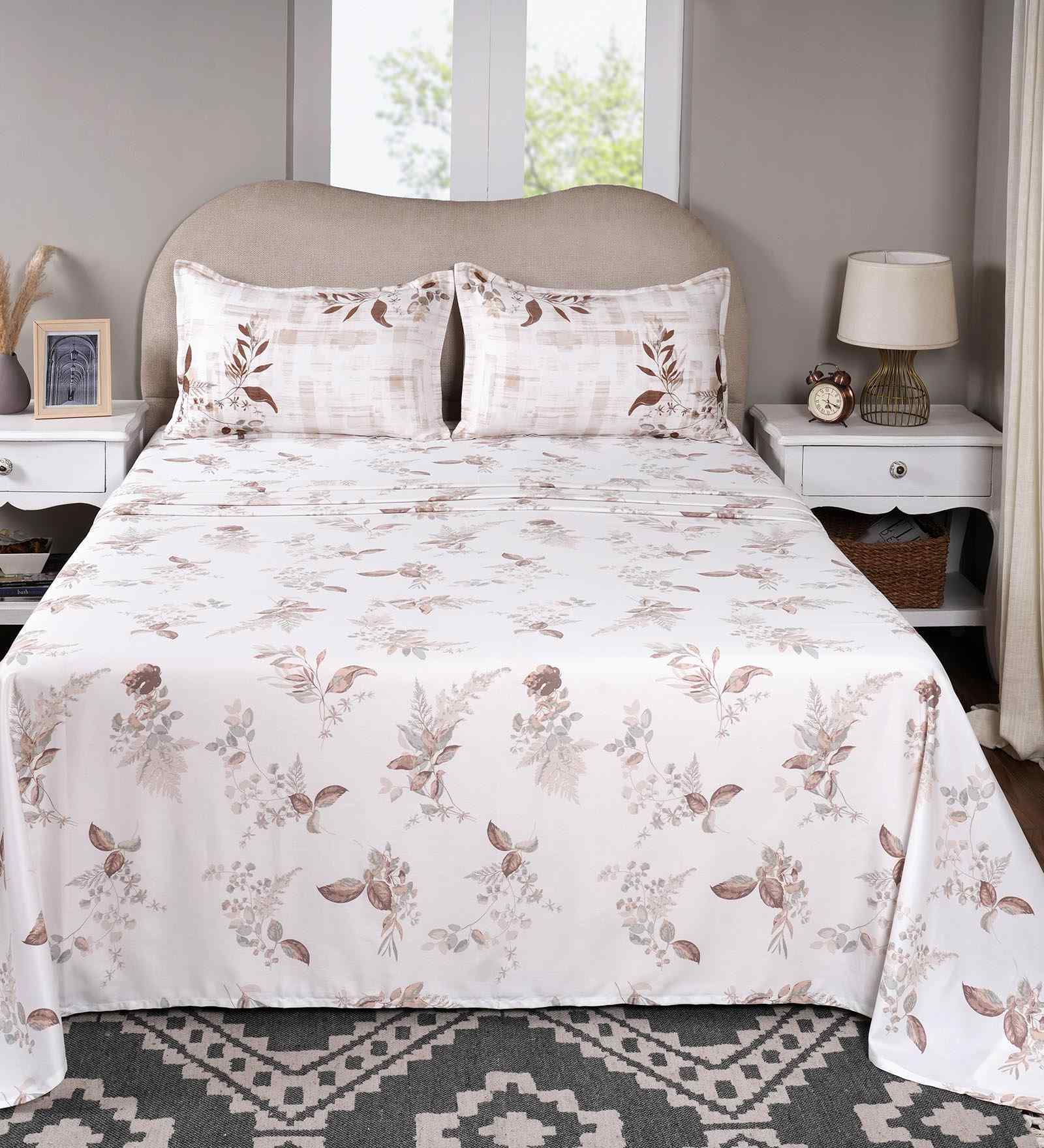 Brown Floral Print 300 TC Cotton Single Bed Sheet with 1 Pillow Cover Sensory Bloom Collection