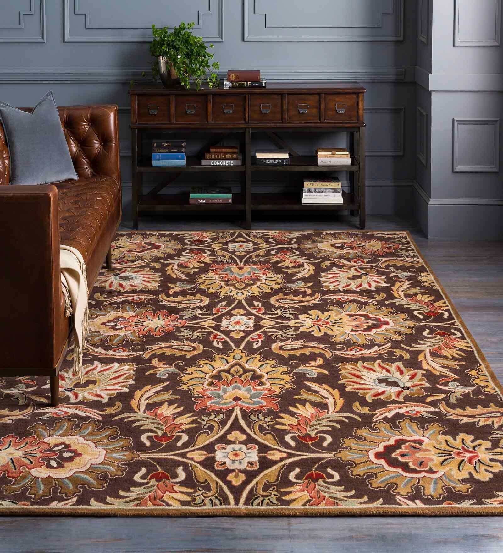Brown Floral Wool 8 ft x 10 ft Hand tufted Carpet