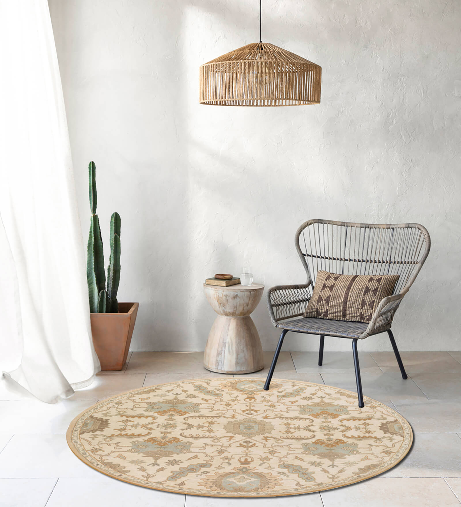 Brown Floral Wool Round Hand Tufted Carpet