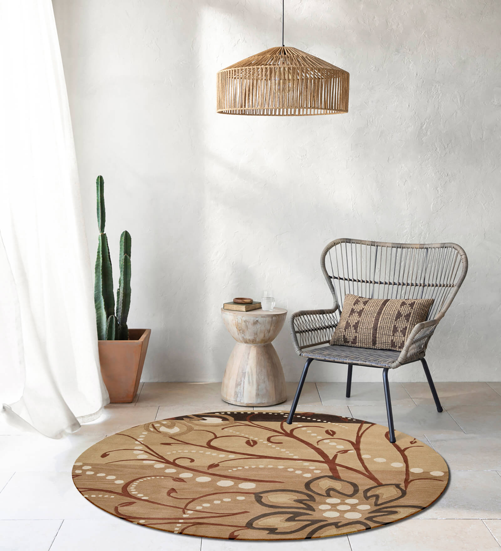 Brown Floral Wool Round Hand Tufted Carpet