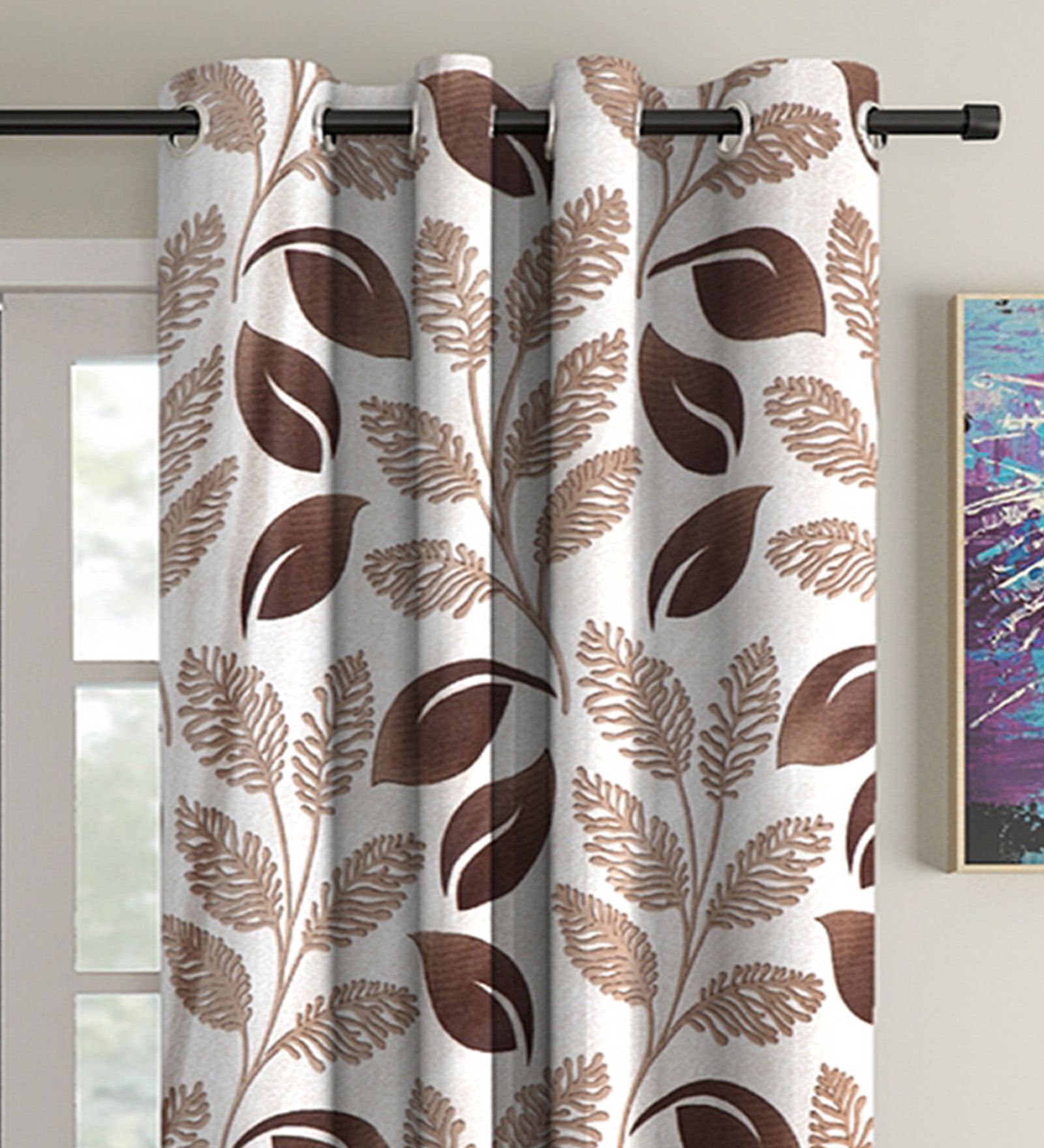 Buy Brown Floral Polyester 5Ft Semisheer Eyelet Window Curtains Set Of buy-brown-floral-polyester-5ft-semisheer-eyelet-window-curtains-set-of