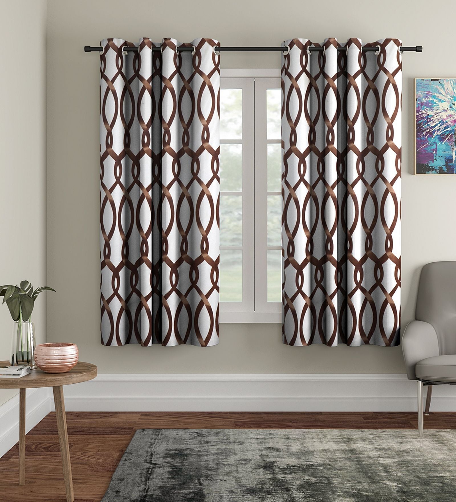 Brown Floral Polyester 5Ft Semisheer Eyelet Window Curtains (Set Of 2)