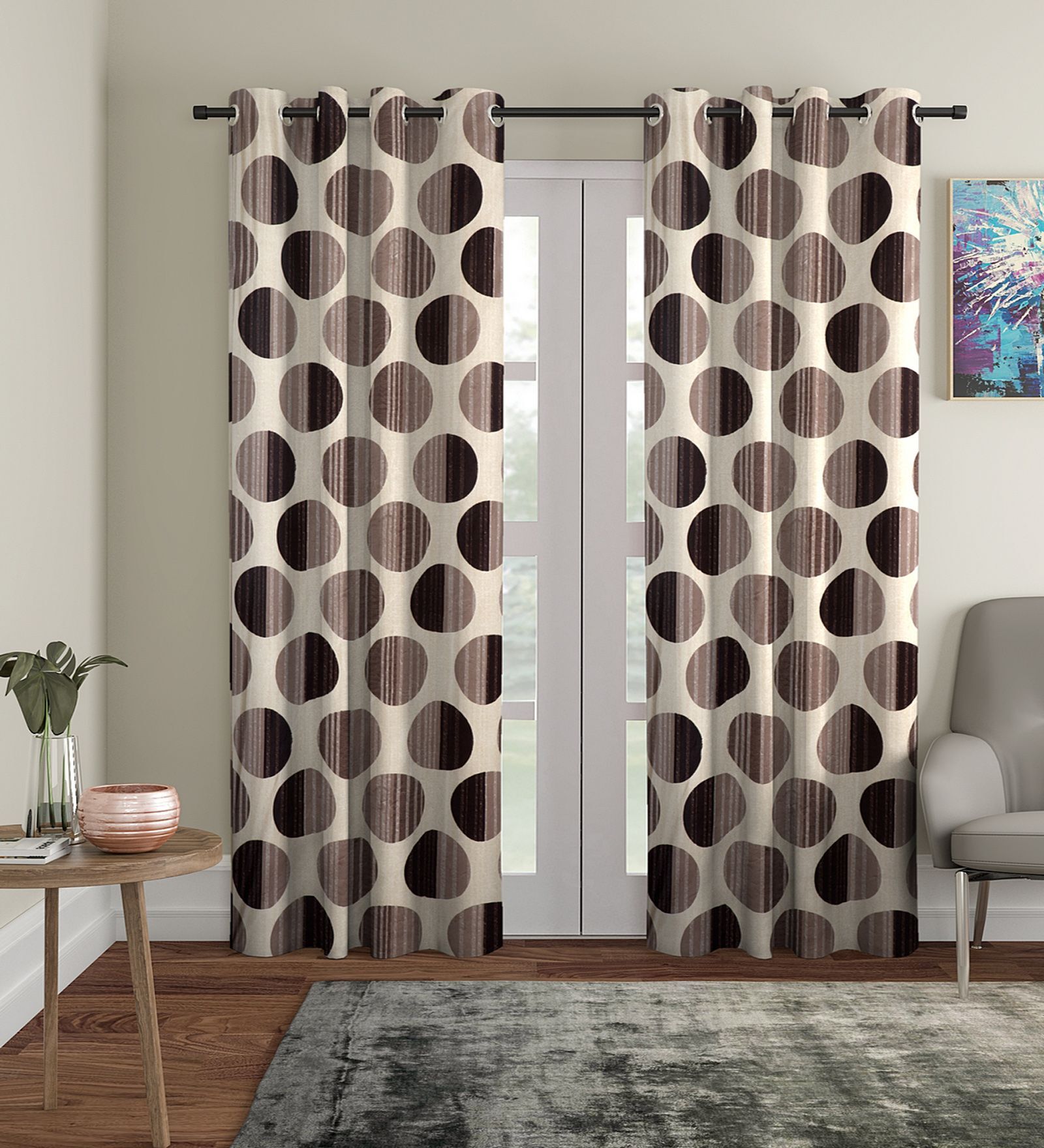 Brown Floral Polyester 7Ft Semisheer Eyelet Door Curtains (Set Of 2)