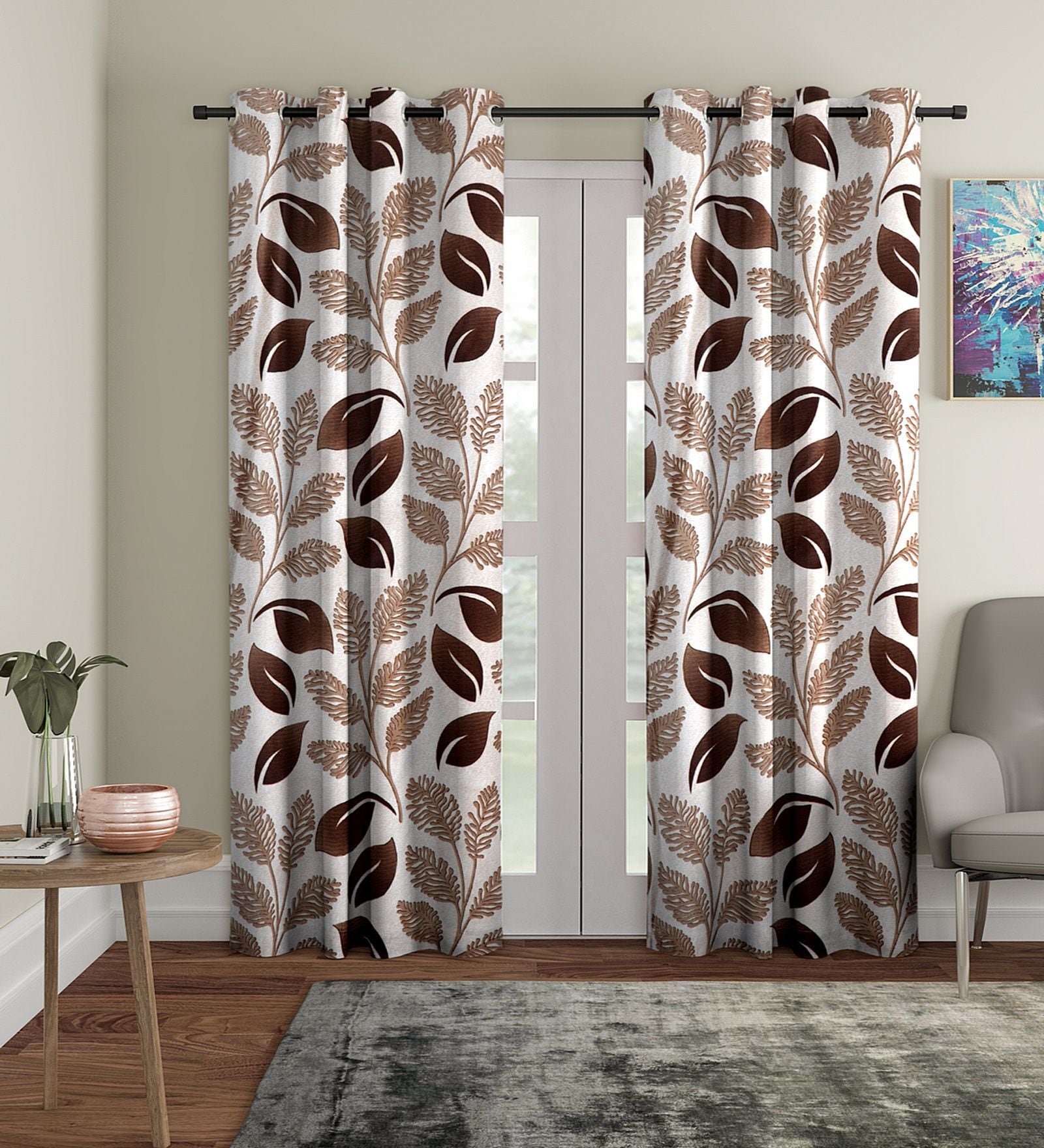 Brown Floral Polyester 9Ft Semisheer Eyelet Door Curtains (Set Of 2)