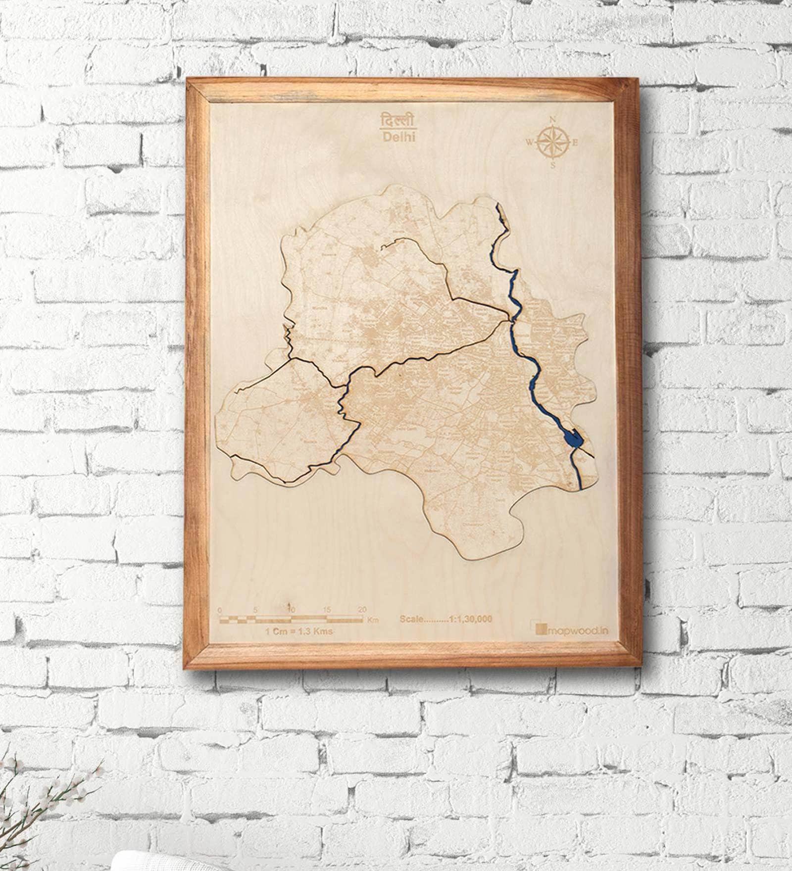 Brown Framed Laser Engraved & Hand Crafted 2D Delhi Wooden Map
