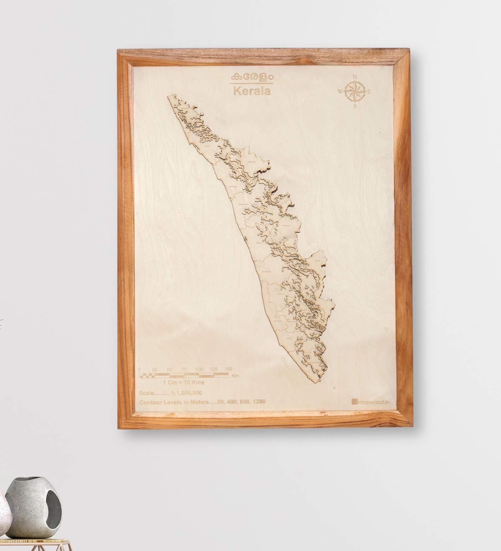 Brown Framed Laser Engraved & Hand Crafted Multi-layered 3D Kerala Wooden Map