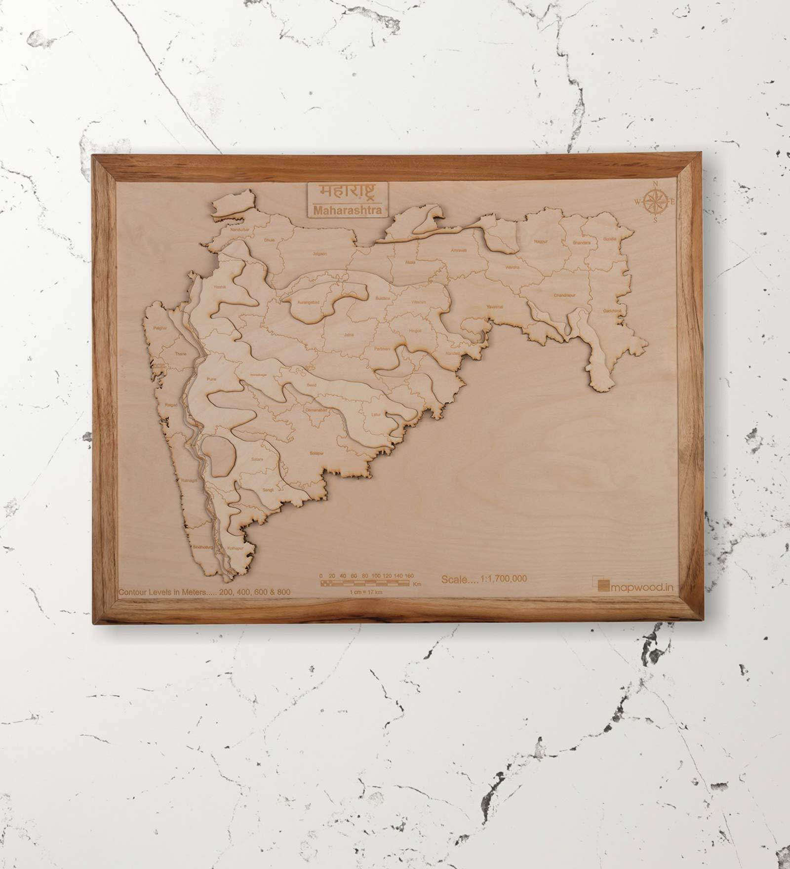 Brown Framed Laser Engraved & Hand Crafted Multi-layered 3D Maharashtra Wooden Map