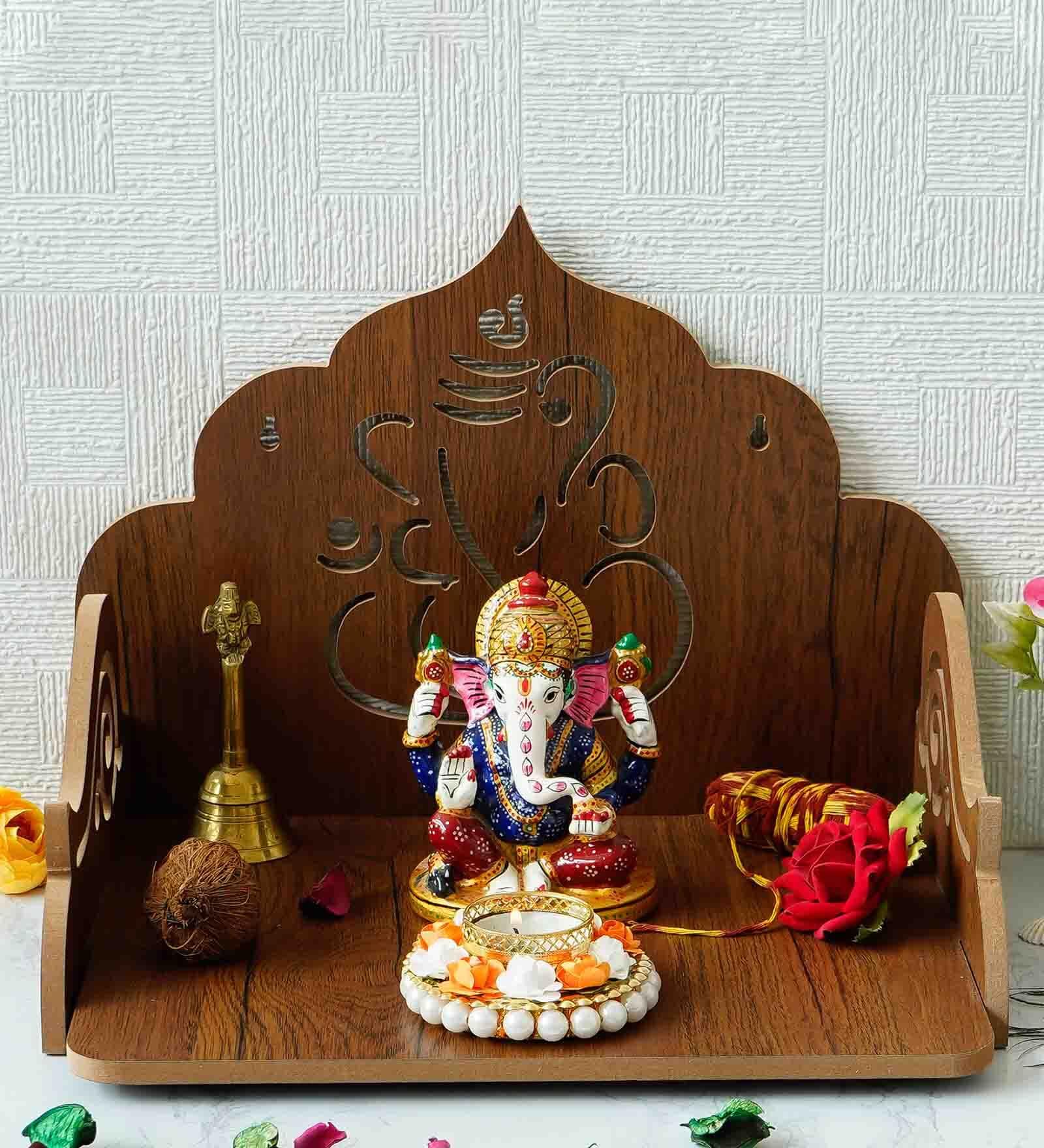 Brown Ganesha Design Laminated Wood Pooja Shelf
