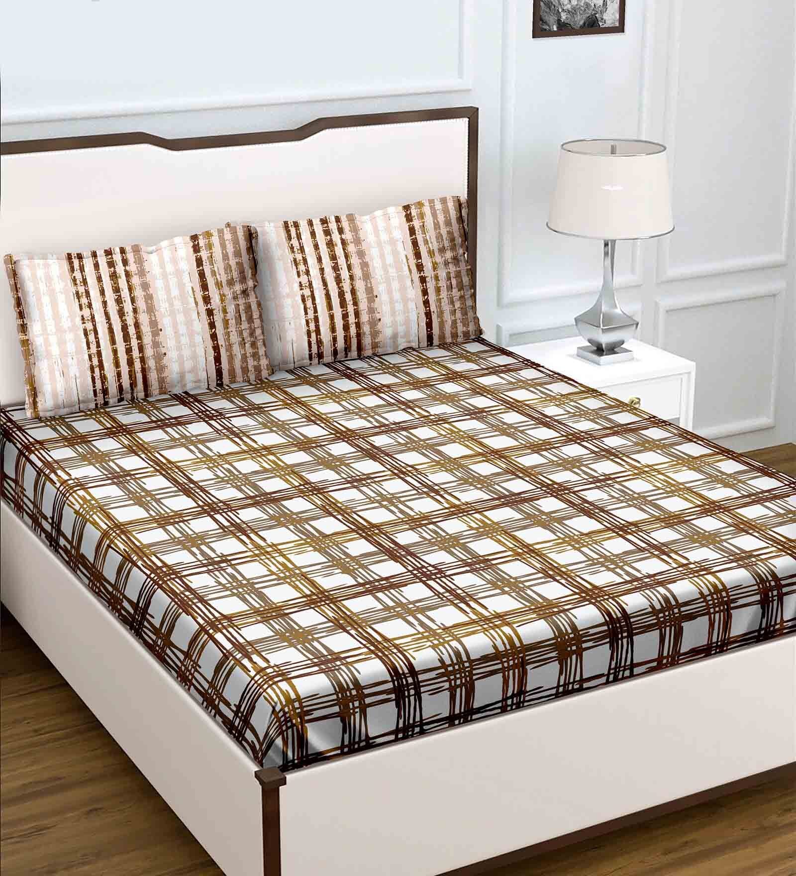 Buy Brown Checkered 180 TC Cotton Queen Sized Bed Sheets with 2 Pillow ...