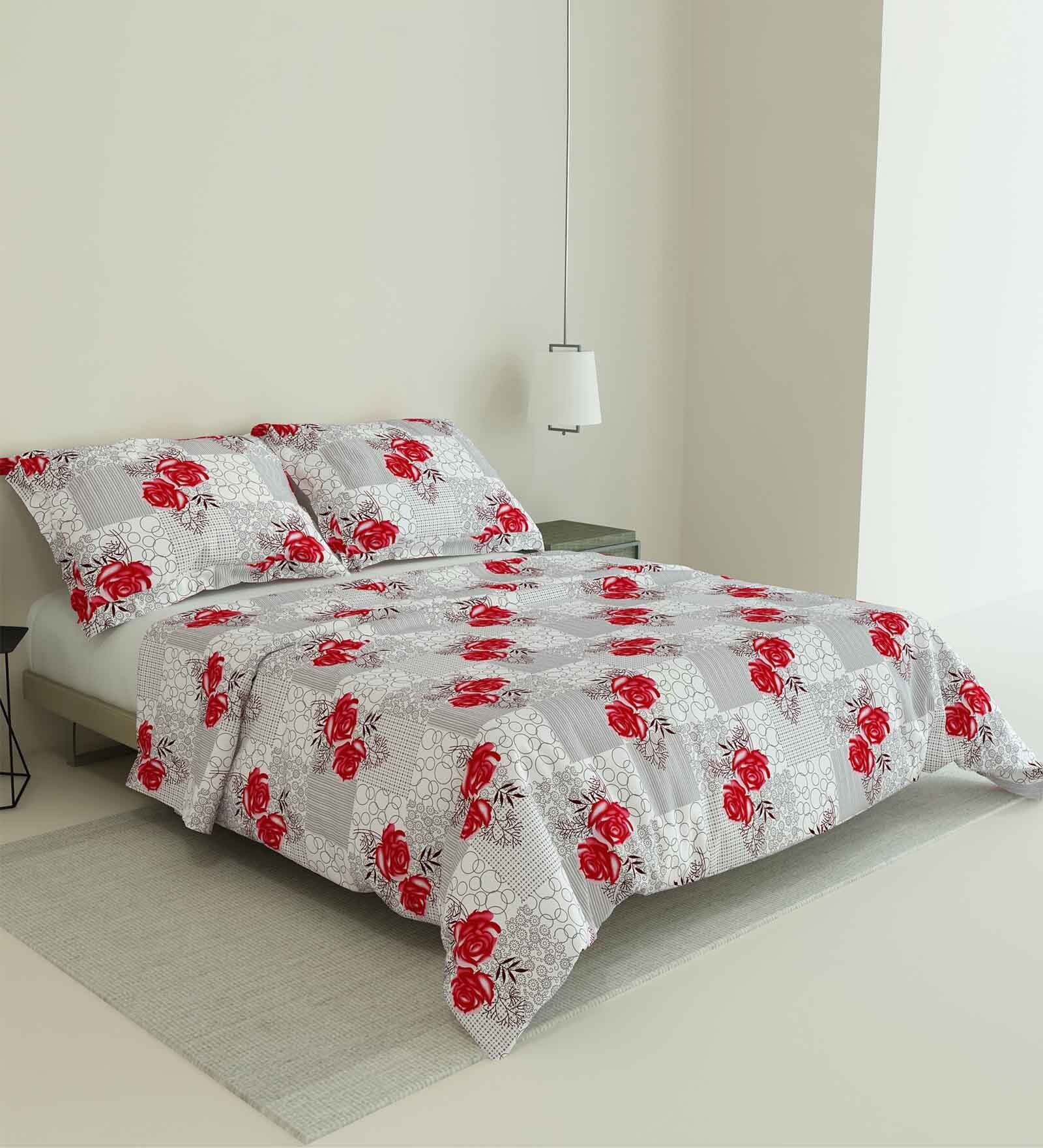 Red and White Floral 180 TC Cotton Queen Sized Double Bedsheet with 2 Pillow Covers