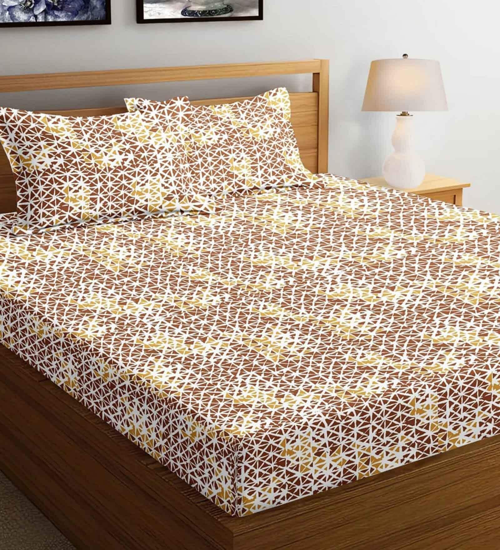 Brown Geometric 144 TC 100% Cotton Fitted Bedsheet & 2 Pillow Covers