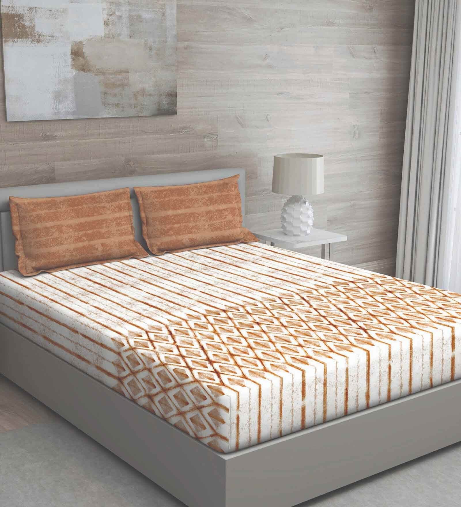 Buy Brown Geometric 144 TC Cotton Queen Sized Bed Sheets with 2 Pillow