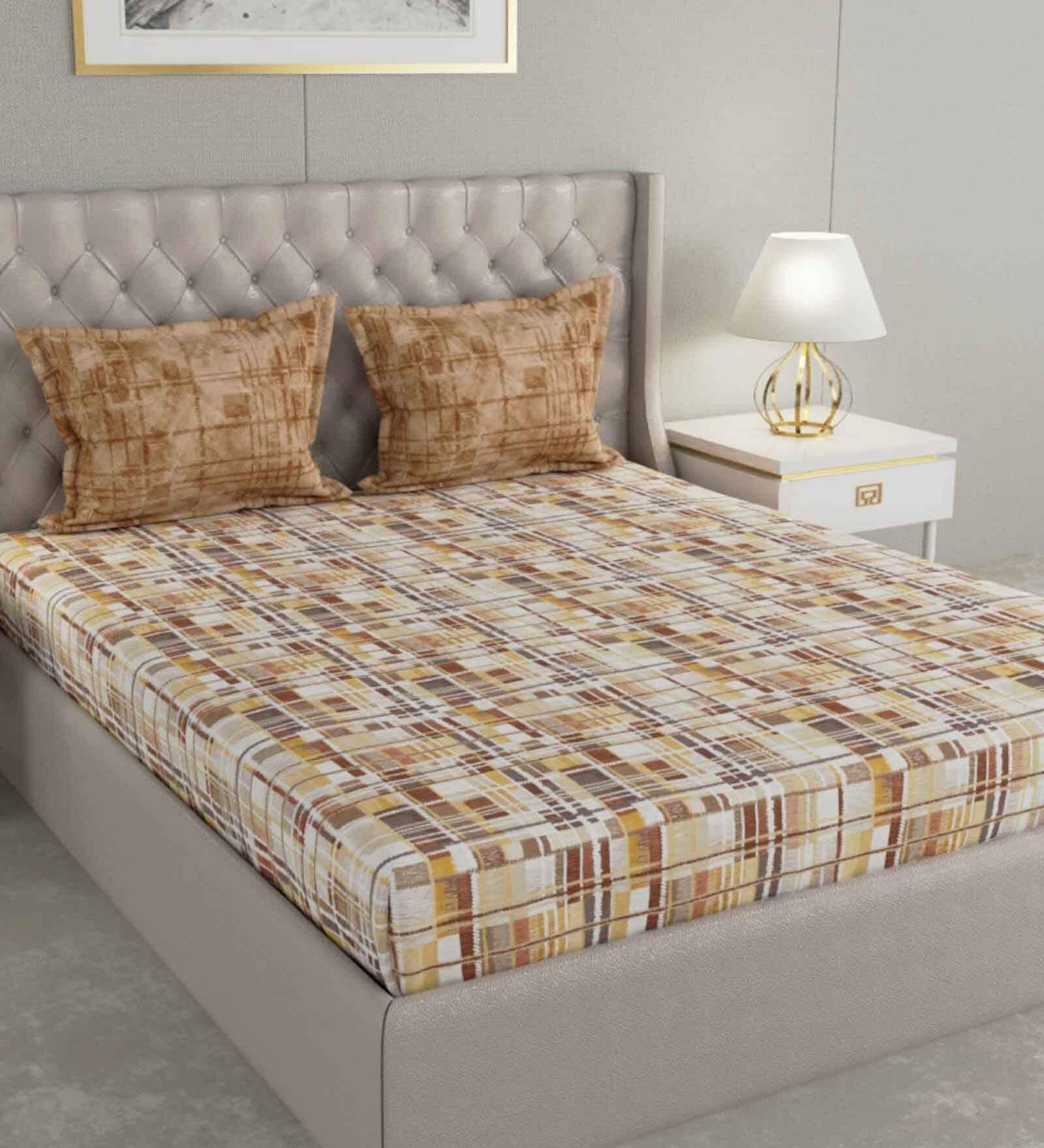 Brown Abstract 144 TC Cotton Queen Sized Bed Sheets with 2 Pillow Covers