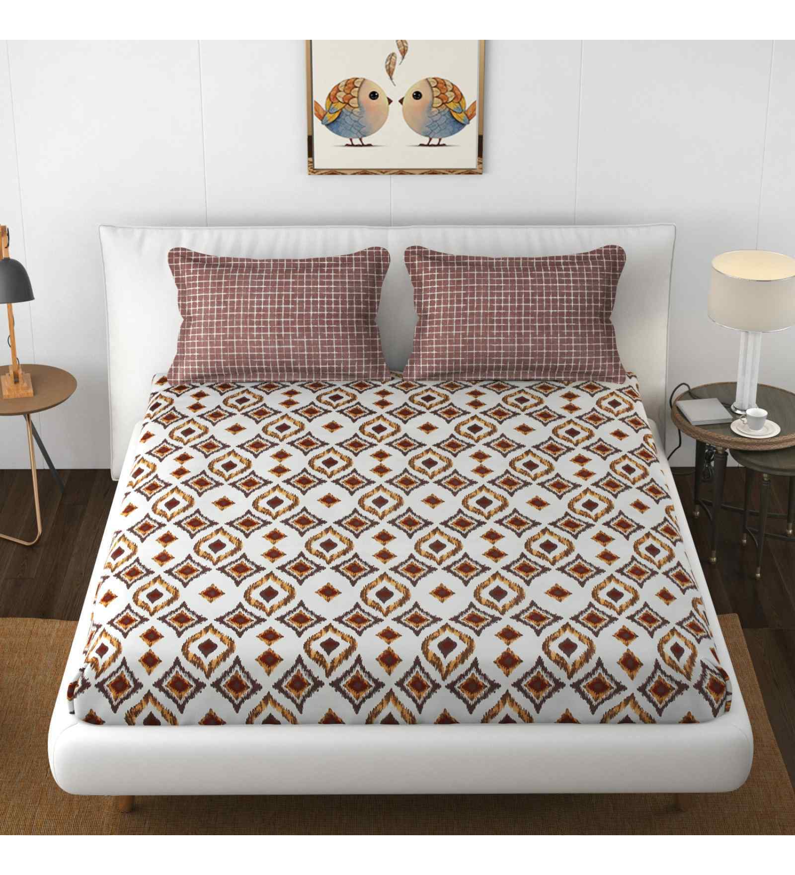 Brown Geometric 144 TC Microfiber King Sized Bedsheet Bedsheet 2 Pillow Heaven Collection