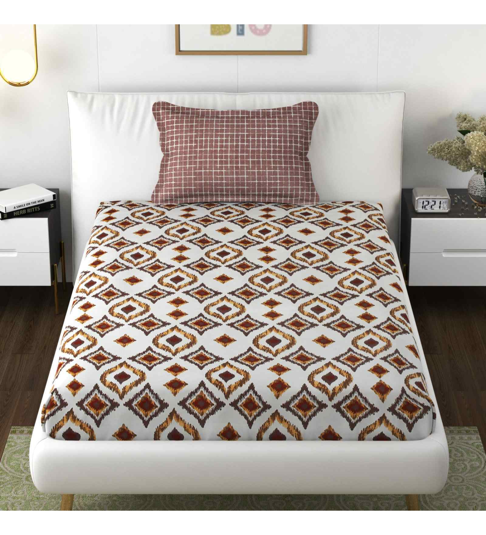Brown Geometric 144 TC Microfiber Single Bed Sheet Bedsheet 1 Pillow Heaven Collection