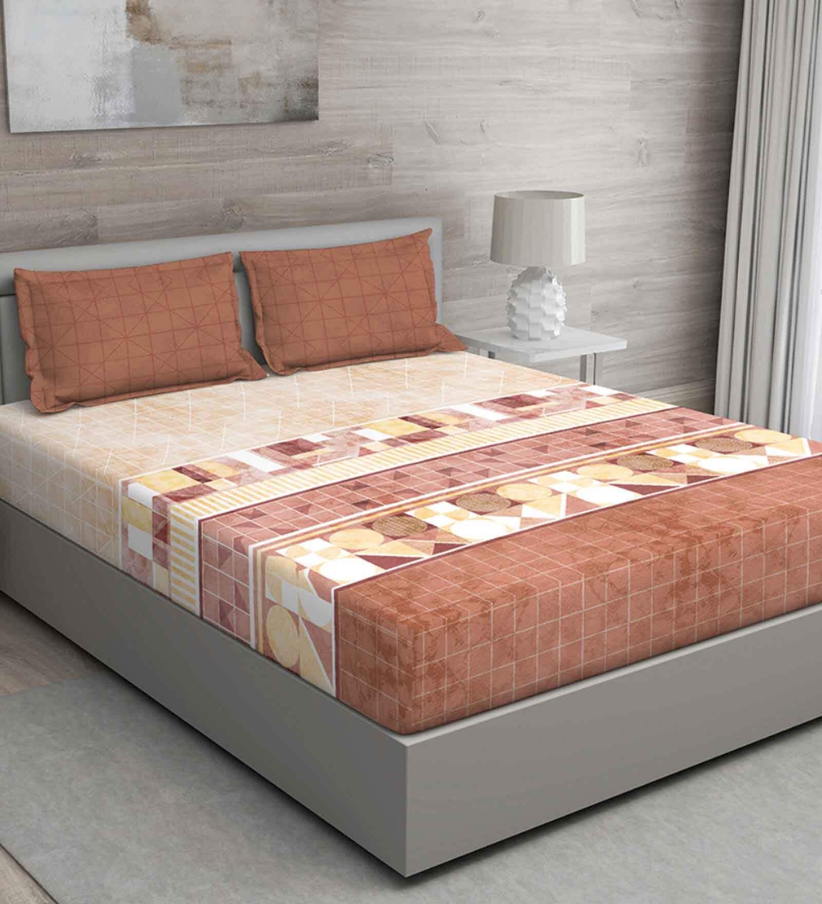 Brown Geometric 150 TC Cotton Queen Sized Bed Sheets with 2 Pillow Covers