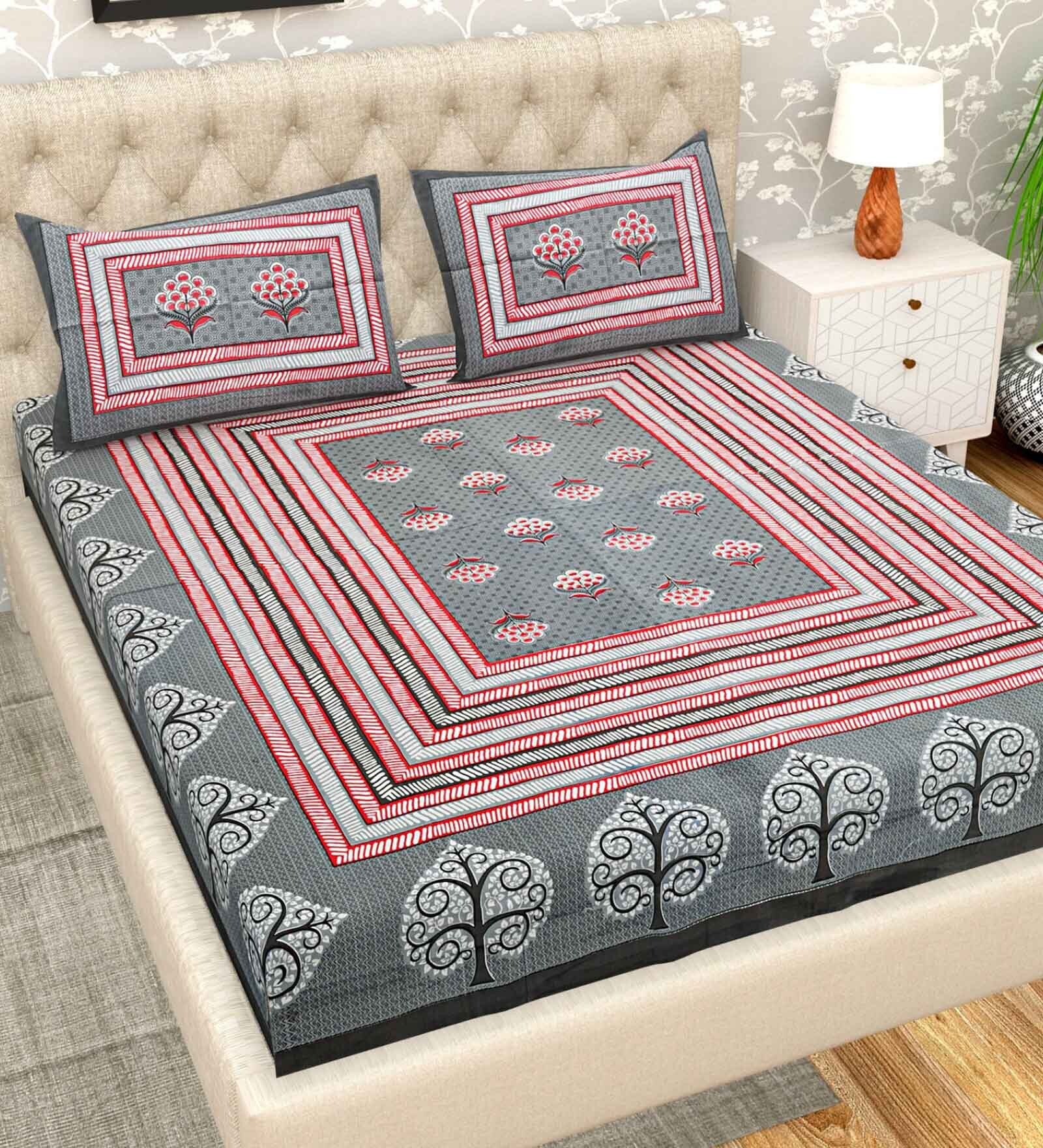 Grey Geometric 200 TC Cotton Double Queen Sized Bedsheet With 2 Pillow Covers