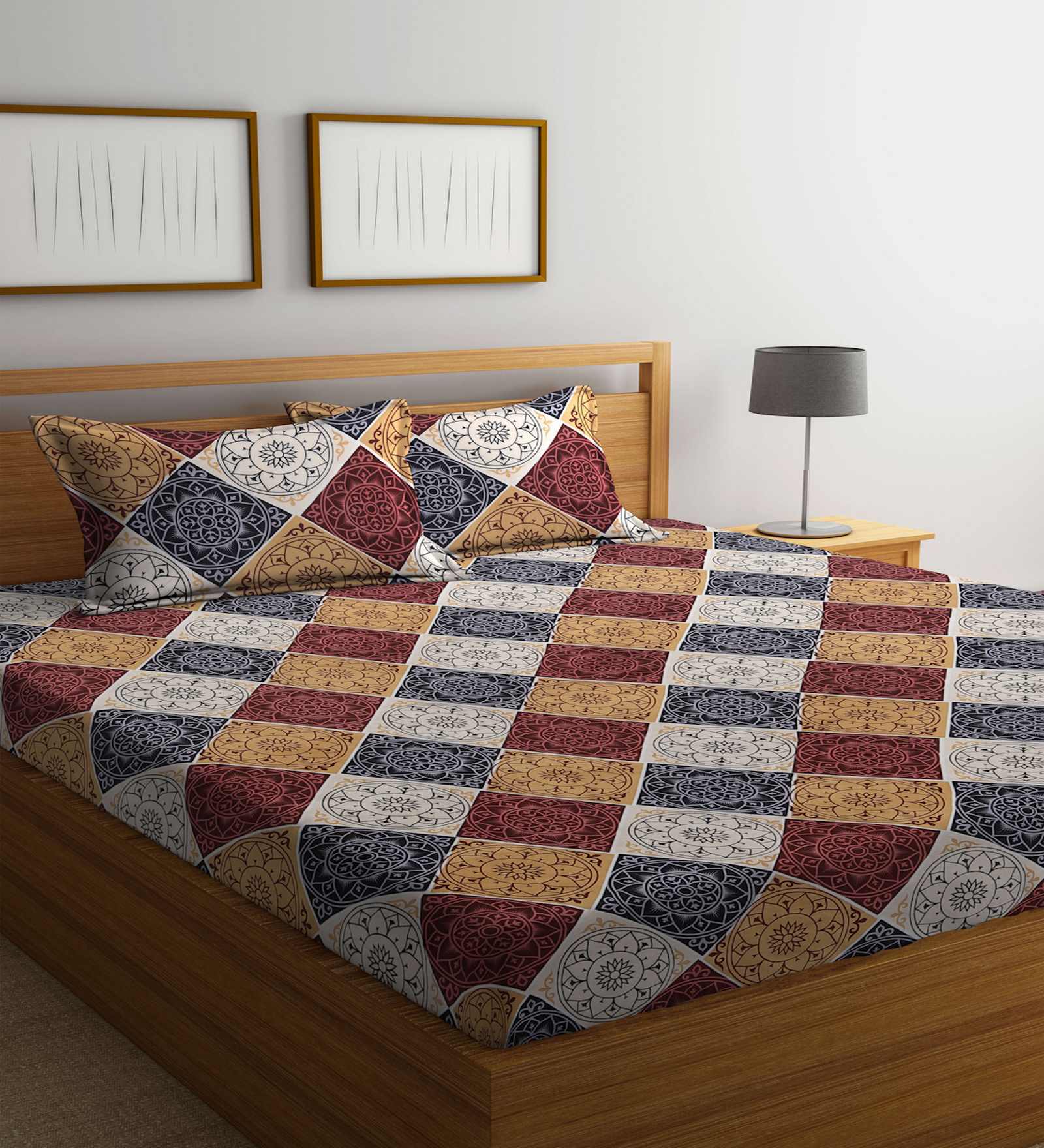 Brown Geometric 210 TC Cotton Double Bed Sheet with 2 Pillow Cover