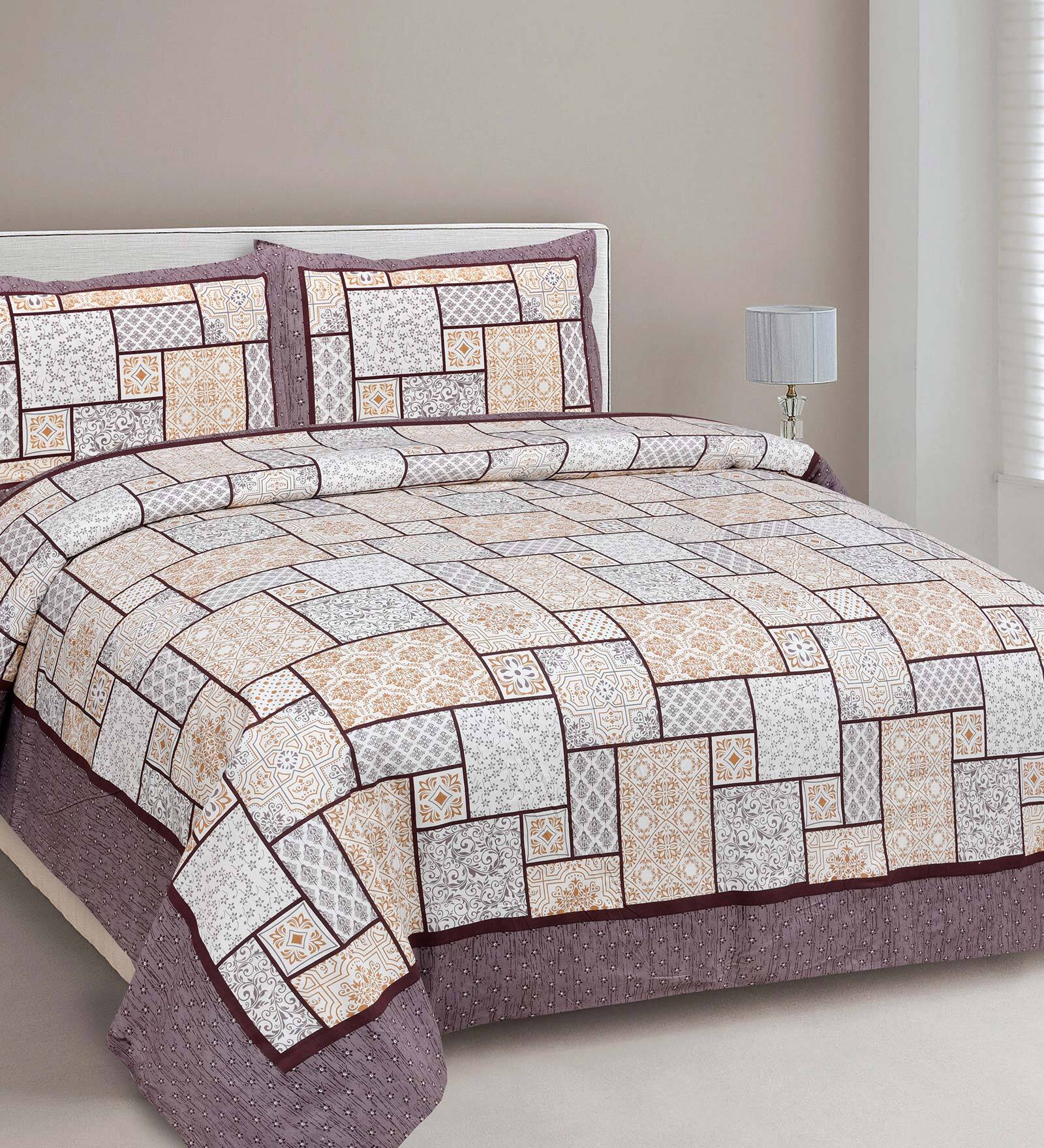 Brown Geometric 210 TC Cotton King Sized Bed Sheets with 2 Pillow Covers