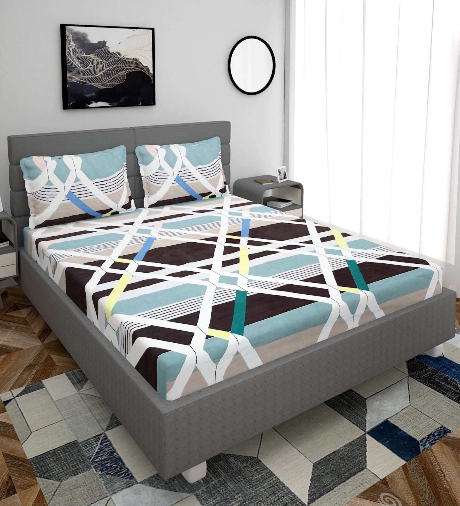 Brown Geometric 260 TC Cotton Blend Fitted Bedsheet With 2 Pillow Covers