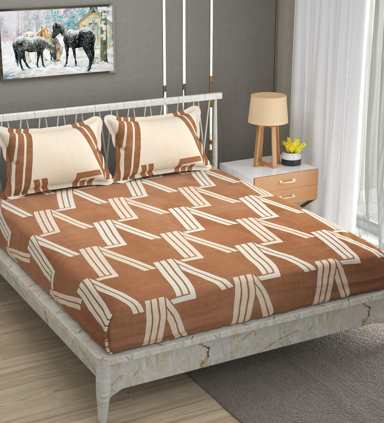 Brown Geometric 280 TC Microfibre King Bedsheet 2 Pillow Covers