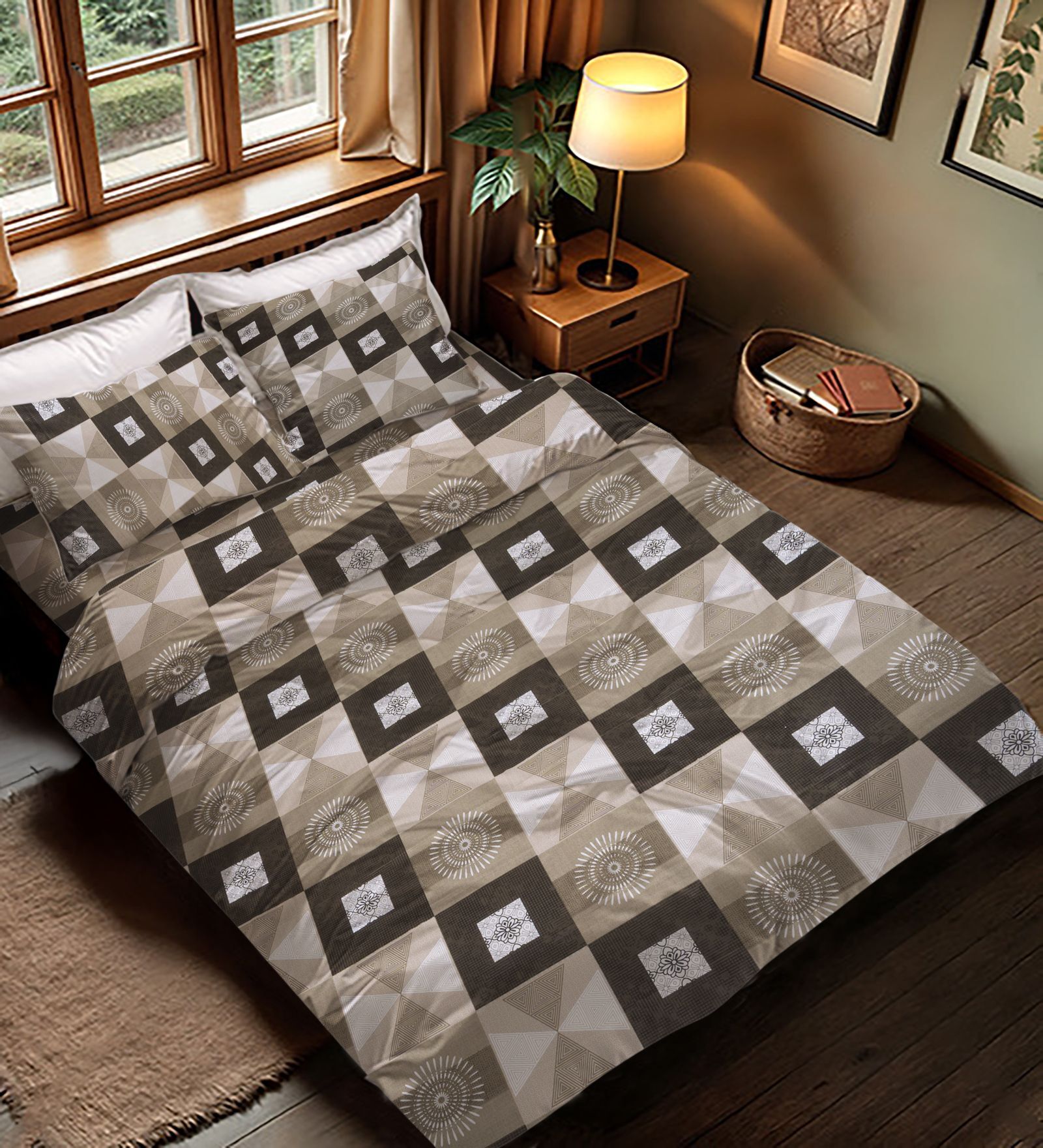 Brown Geometric 400 TC Cotton 4 Pieces Bedding Set Luxury Collection