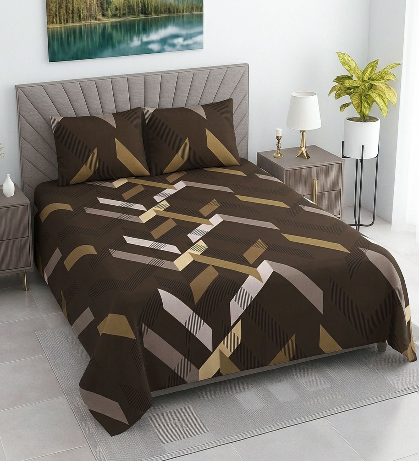Brown Geometric 400 TC Cotton Double Queen Size Bedsheet With 2 Pillow Covers