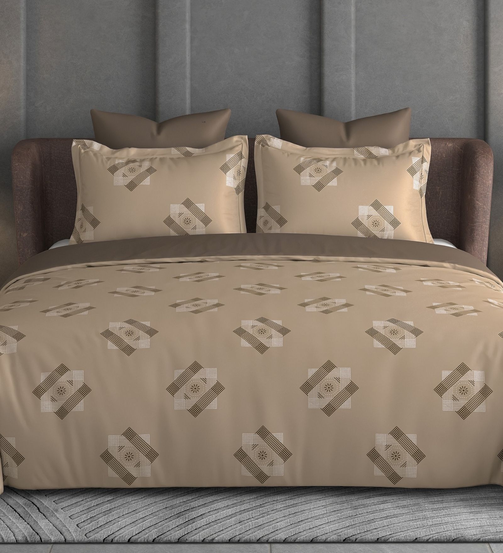 Brown Geometric 600TC Cotton Super King Sized Double Bedsheet with 2 Embroidery Pillow Covers