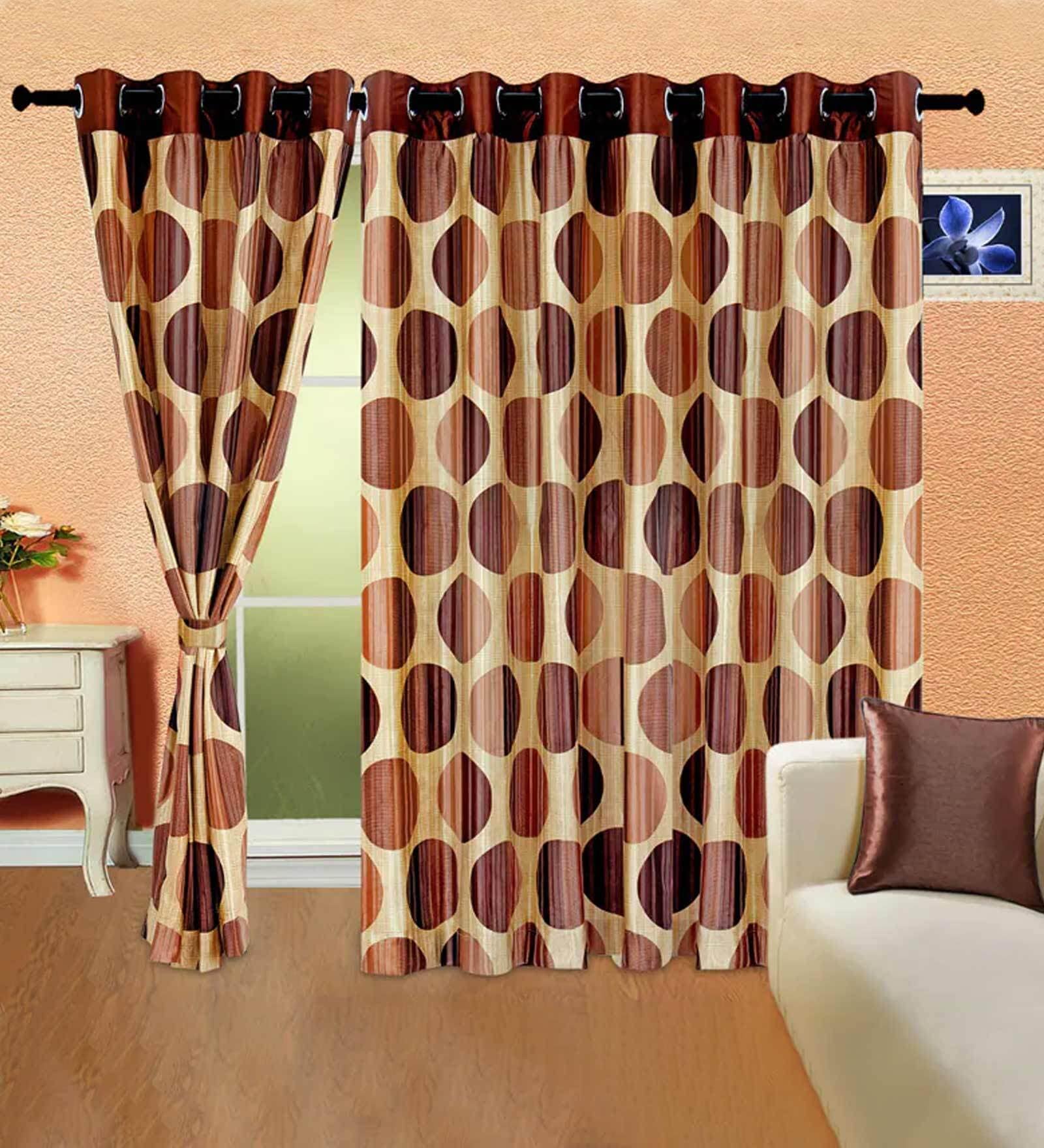 Brown Geometric Polyester 5 Ft Semisheer Eyelet Door Curtains (Set of 2)