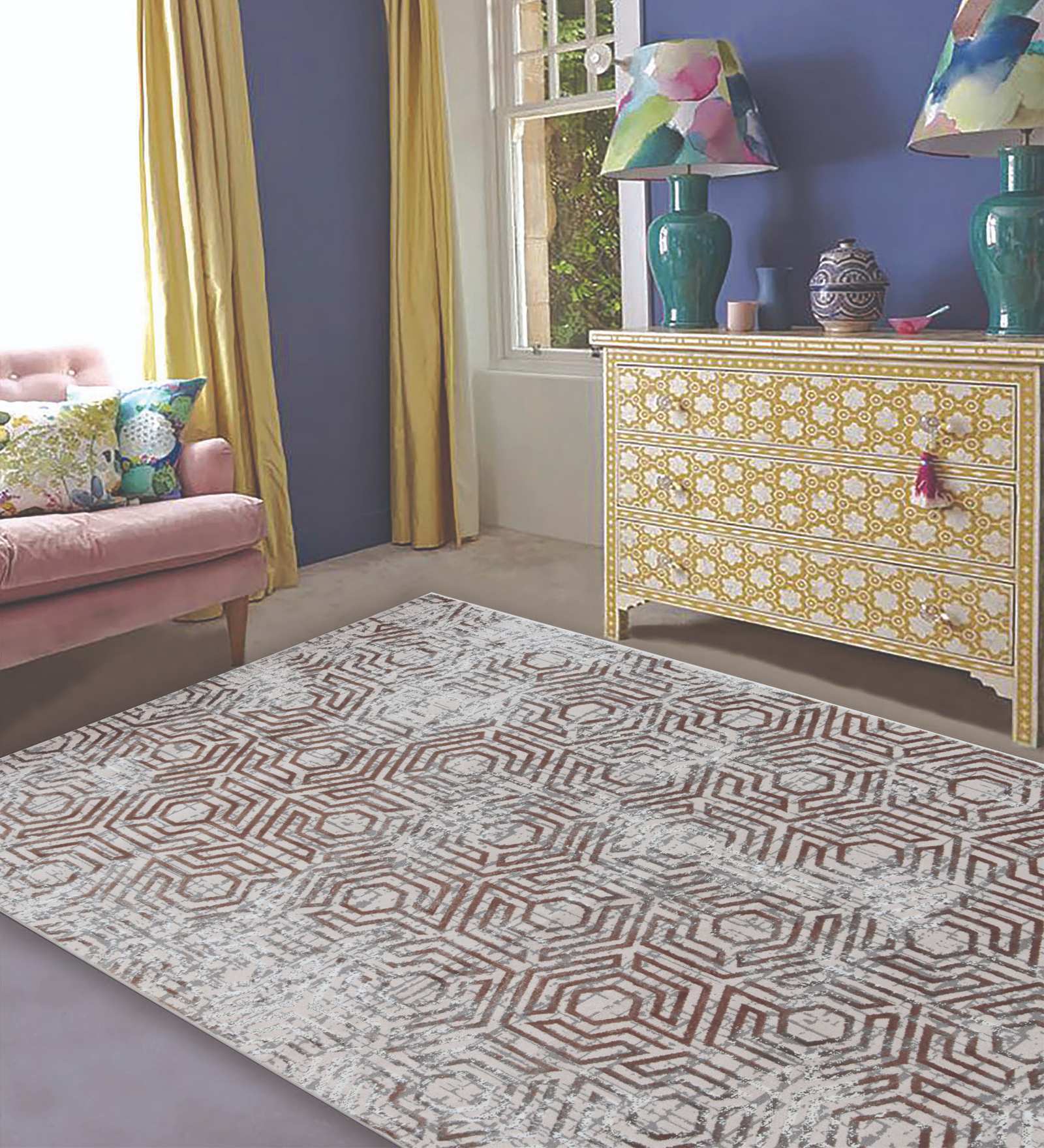 Brown Geometrical Polypropylene 5 ft x 7 ft Machine Made Carpet